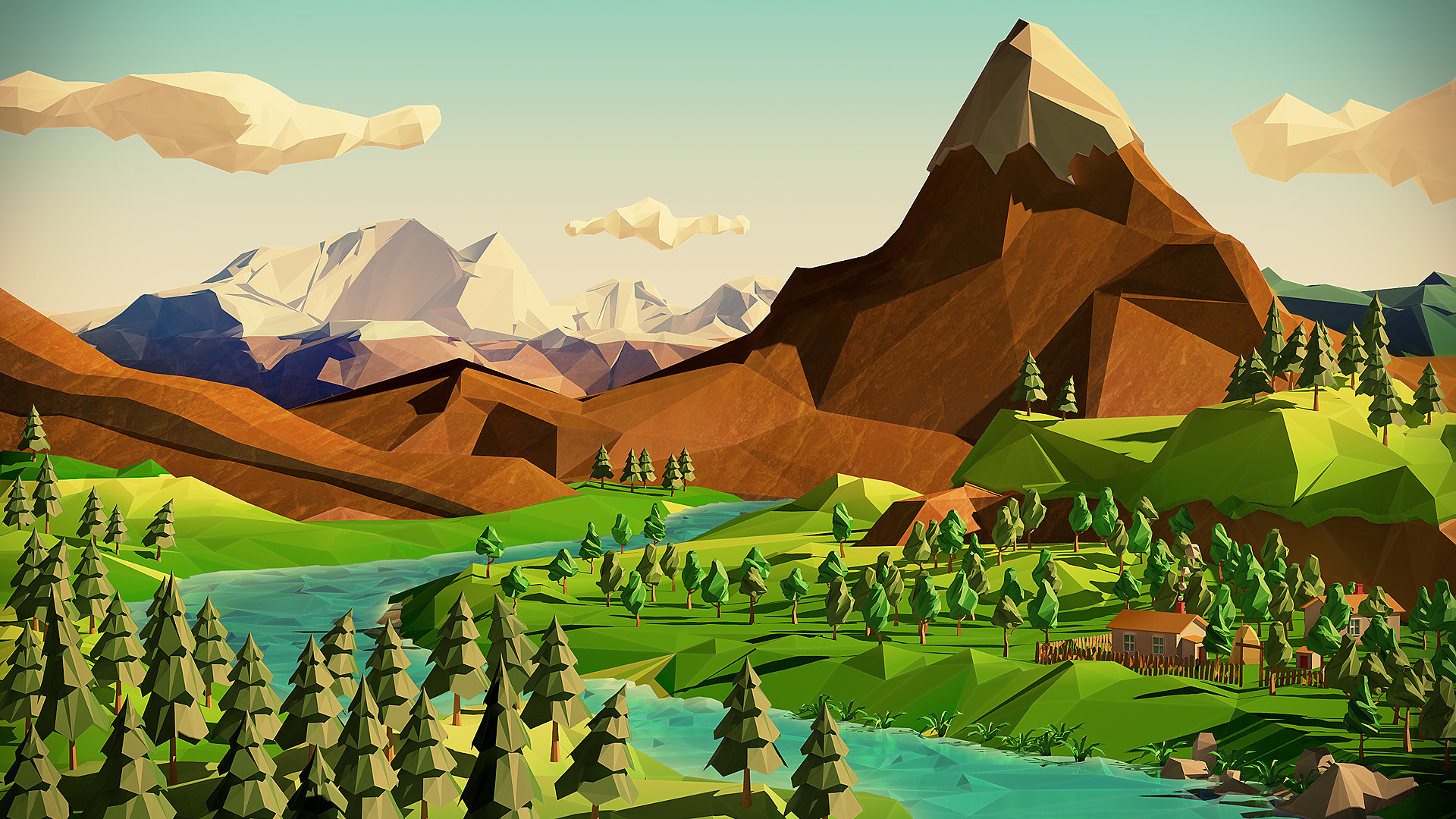 Low poly, Montagna, Valle, Foresta, Fiume, Full HD, sfondo Windows 11