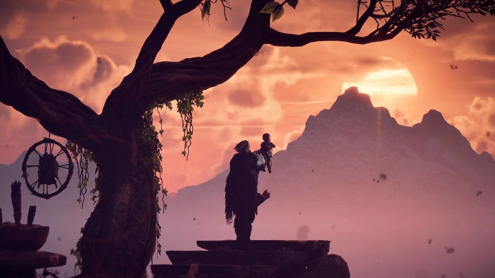 Aloy, Horizon Zero Dawn, Silhouette, Tramonto, Albero, 1920x1080, immagine di sfondo