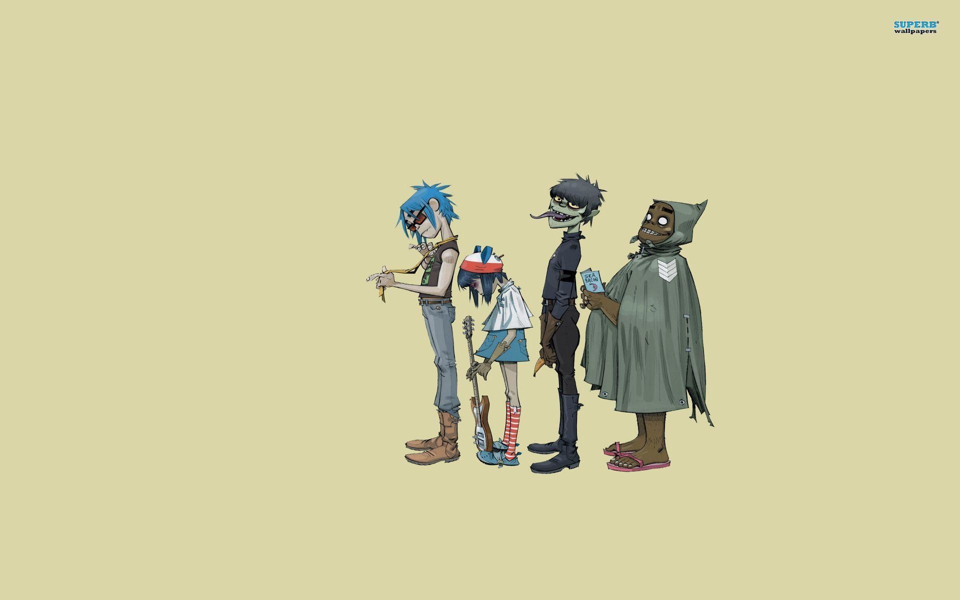 Gorillaz, 2-D, Noodle, Murdoc Niccals, Russel Hobbs, Sfondo beige, wallpaper desktop Full HD