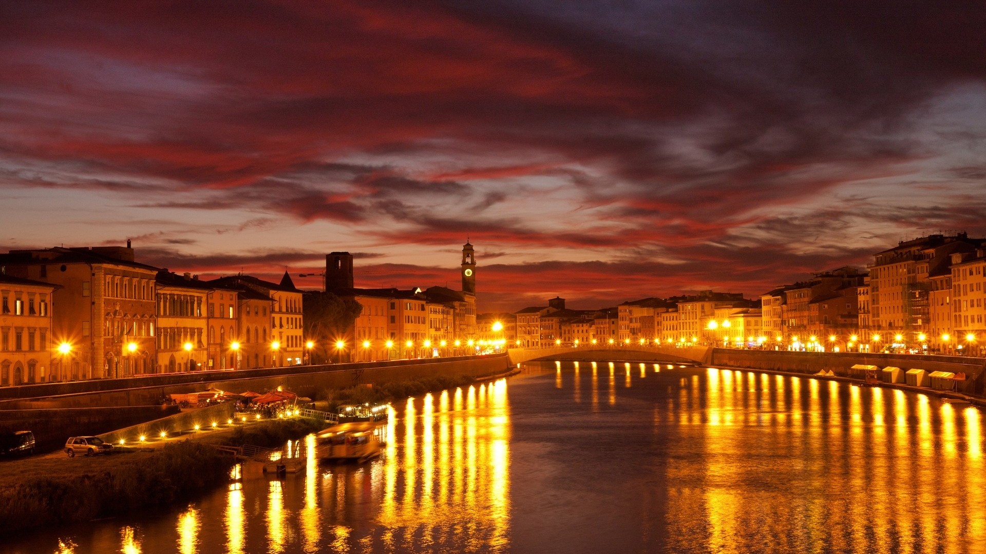 Canale, Luci notturne, Tramonto, Cielo rosso, 16:9 Full HD, wallpaper widescreen