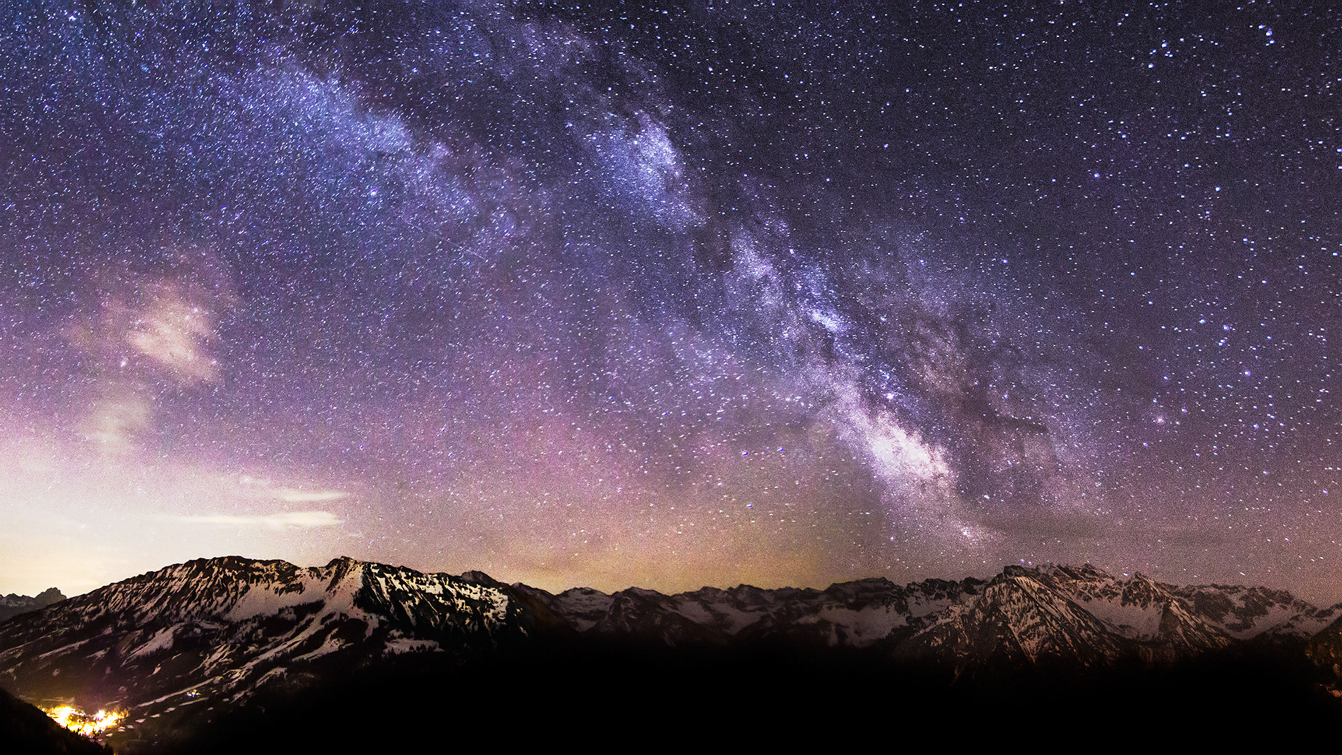 Via Lattea, Montagne innevate, Cielo stellato, Viola, 1920x1080, wallpaper desktop