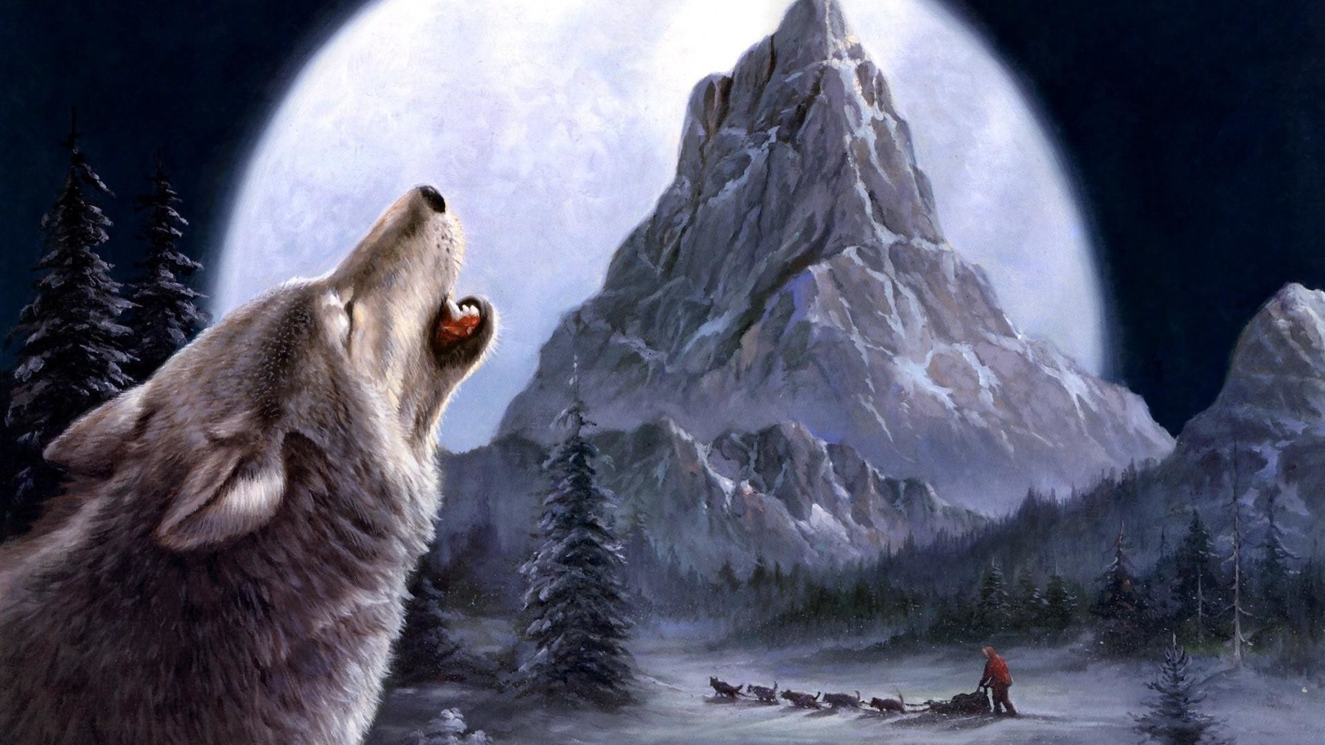 Lupo ululante, Luna piena, Montagna, Slitta trainata da cani, Pittura, sfondo Full HD per PC