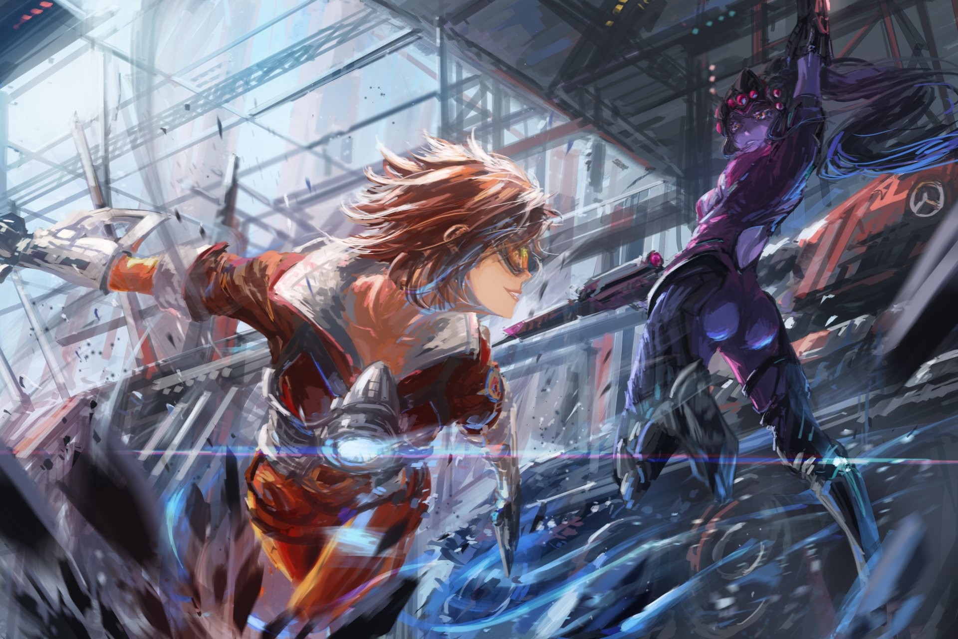 Overwatch, Tracer, Widowmaker, Battaglia, Full HD, sfondo Windows 11