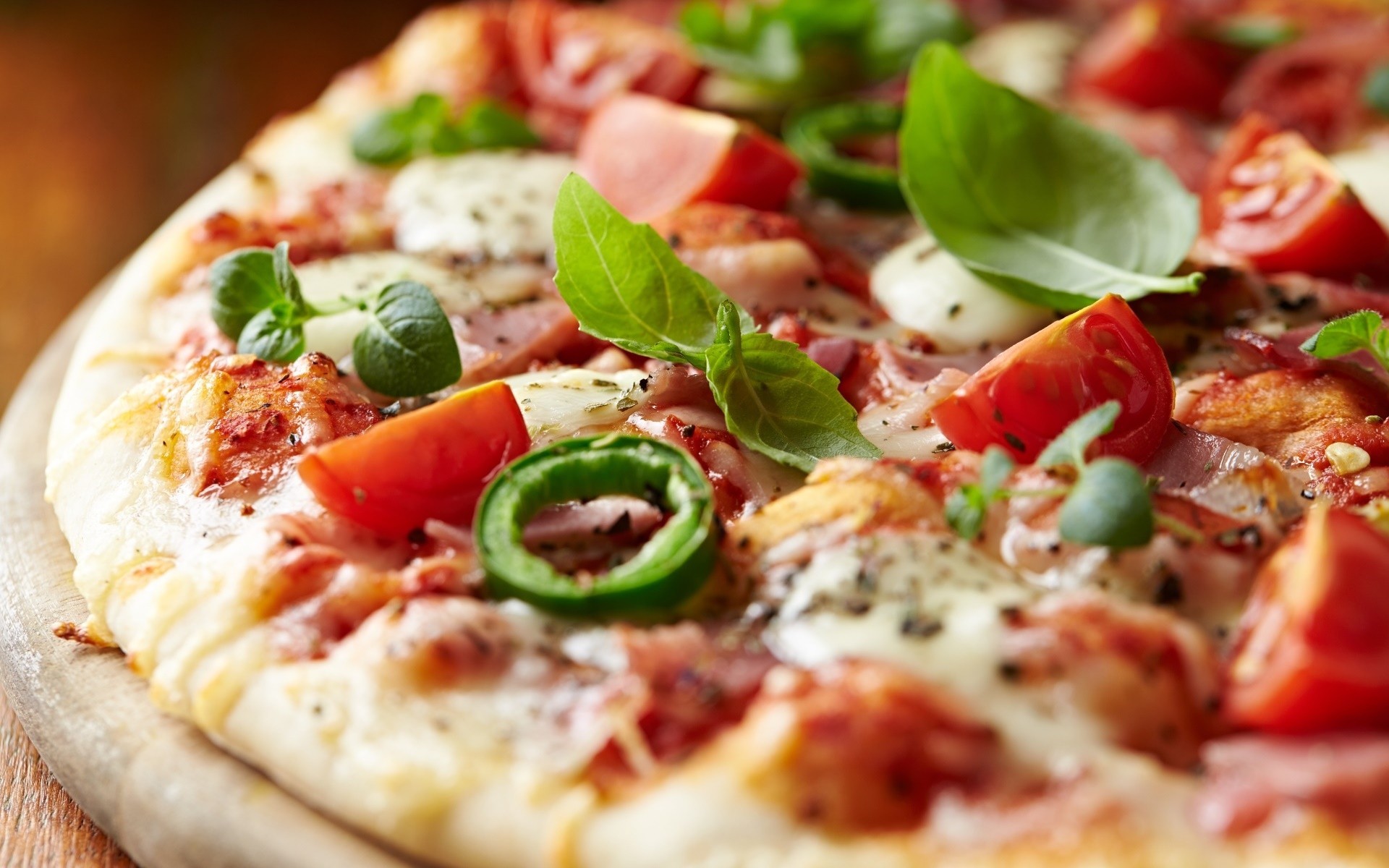 Pizza, Basilico, Pomodori, Peperoni verdi, 1920x1200, sfondo per PC