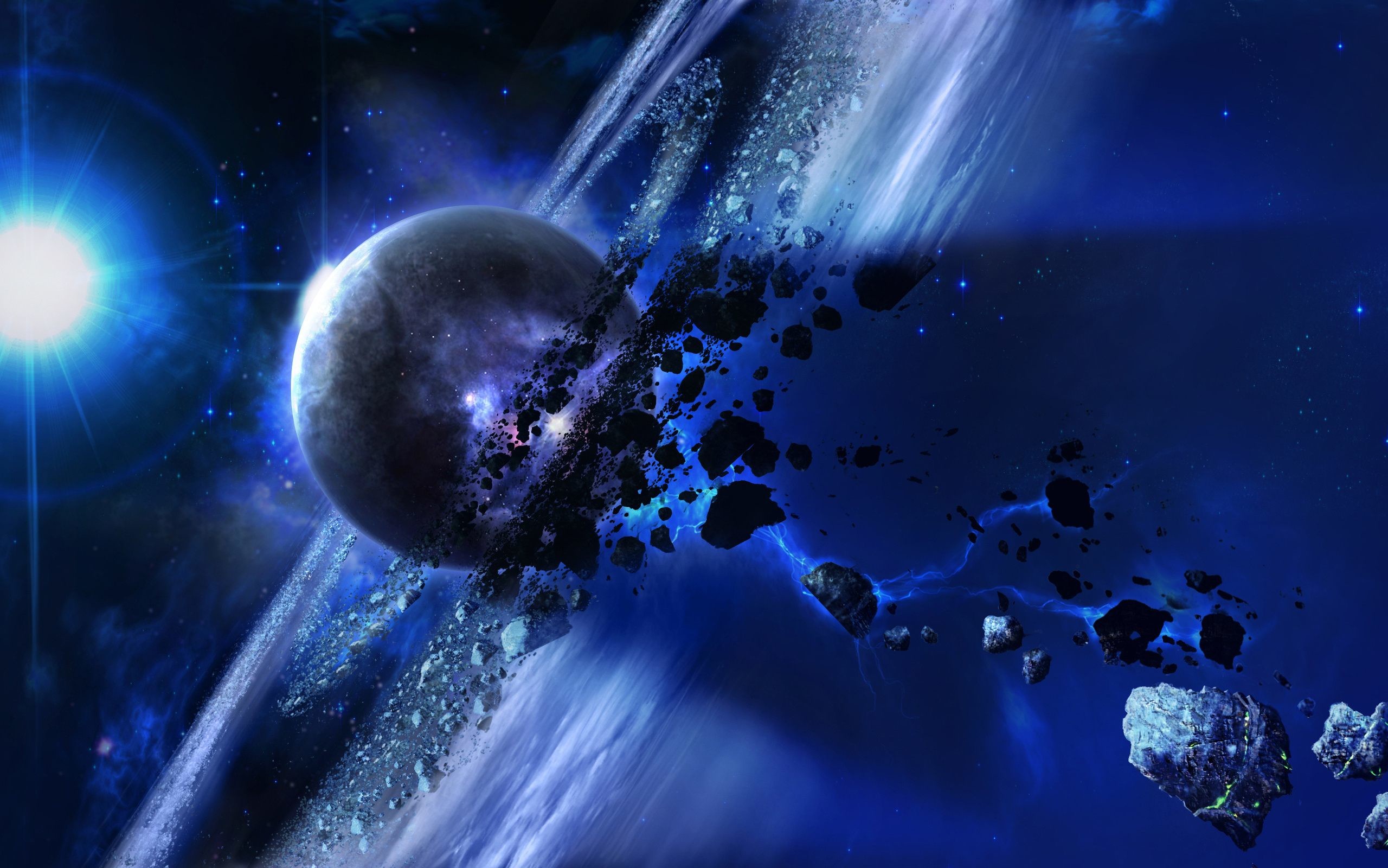 Pianeta, Anelli, Asteroidi, Blu, 2K, sfondo Windows 11
