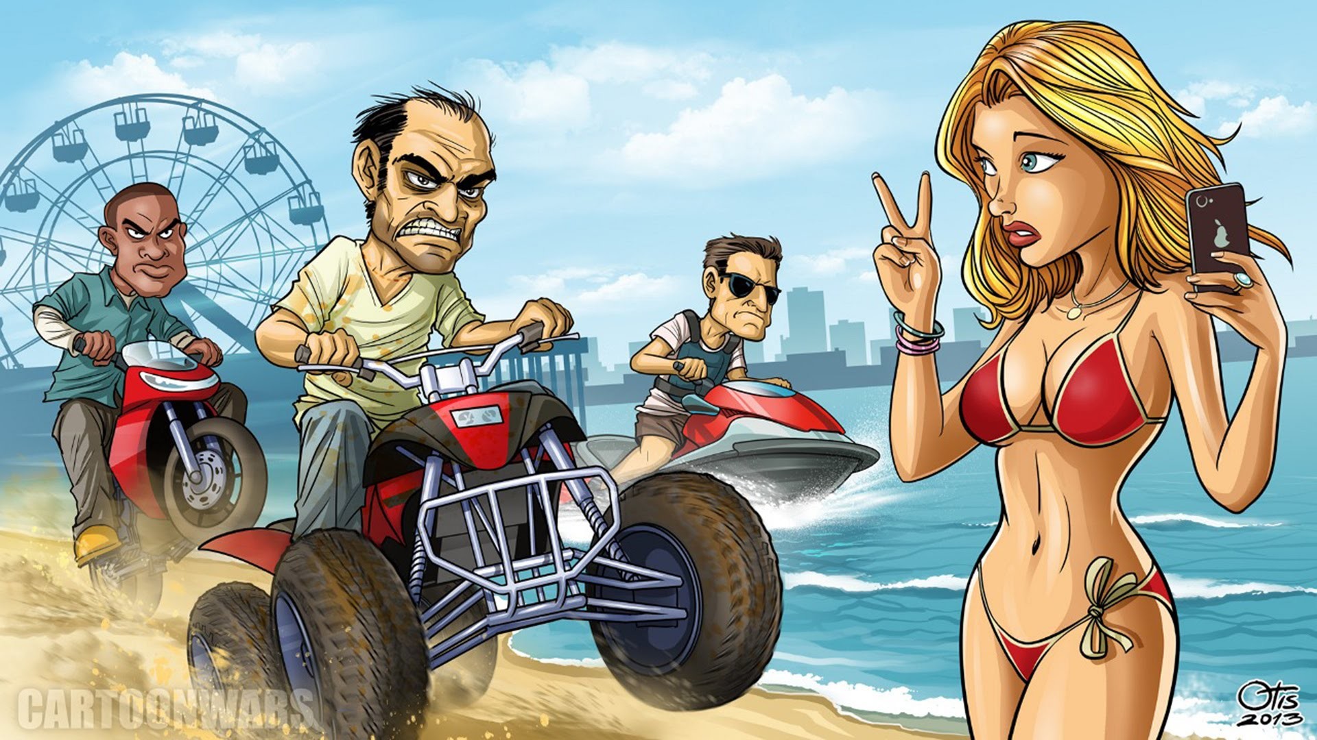 Trevor Philips, Franklin Clinton, Michael De Santa, Grand Theft Auto V, Caricatura, Spiaggia, sfondo 1080p