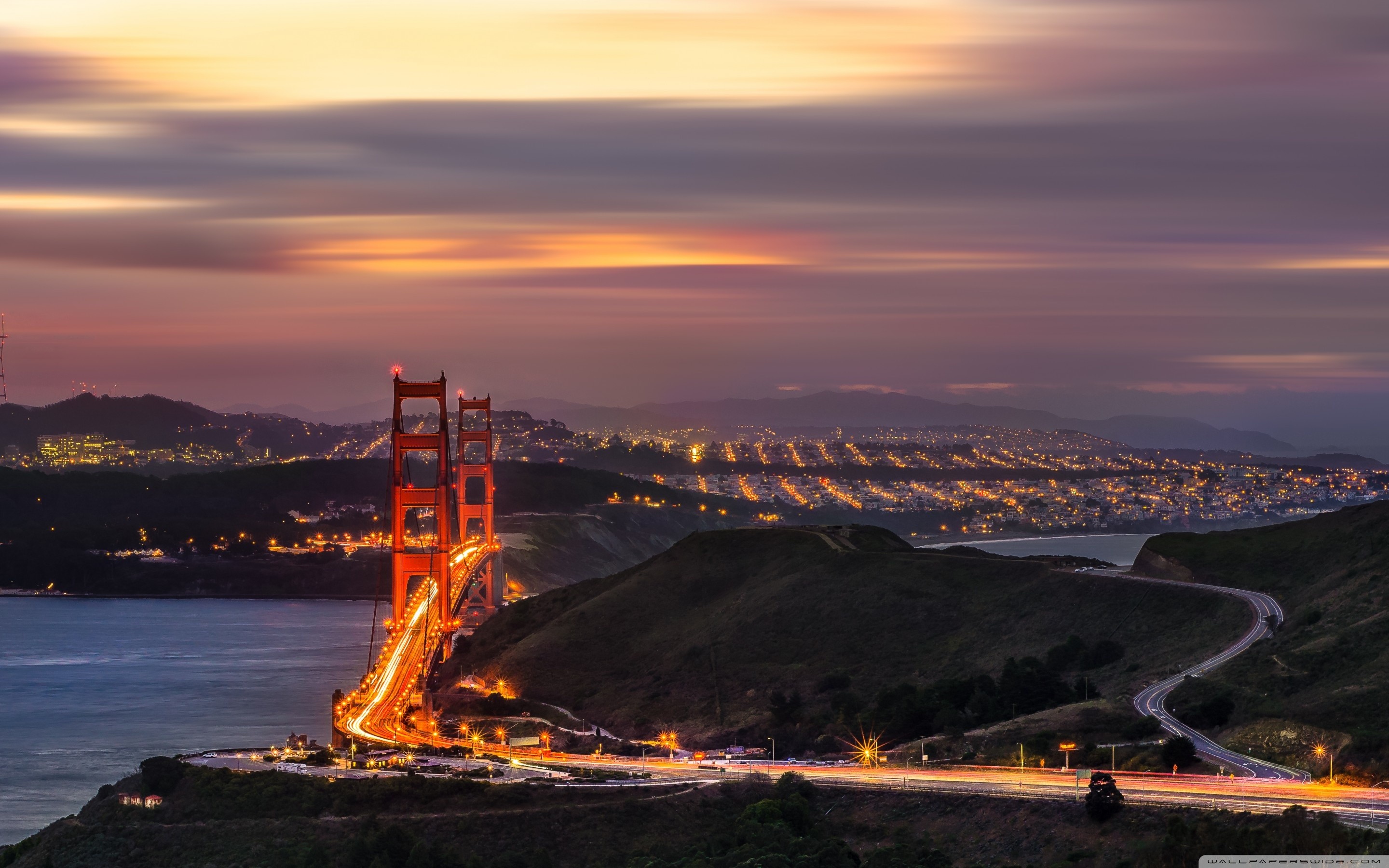 Golden Gate Bridge, Marin Headlands, Lunga esposizione, Tramonto, sfondo per portatile