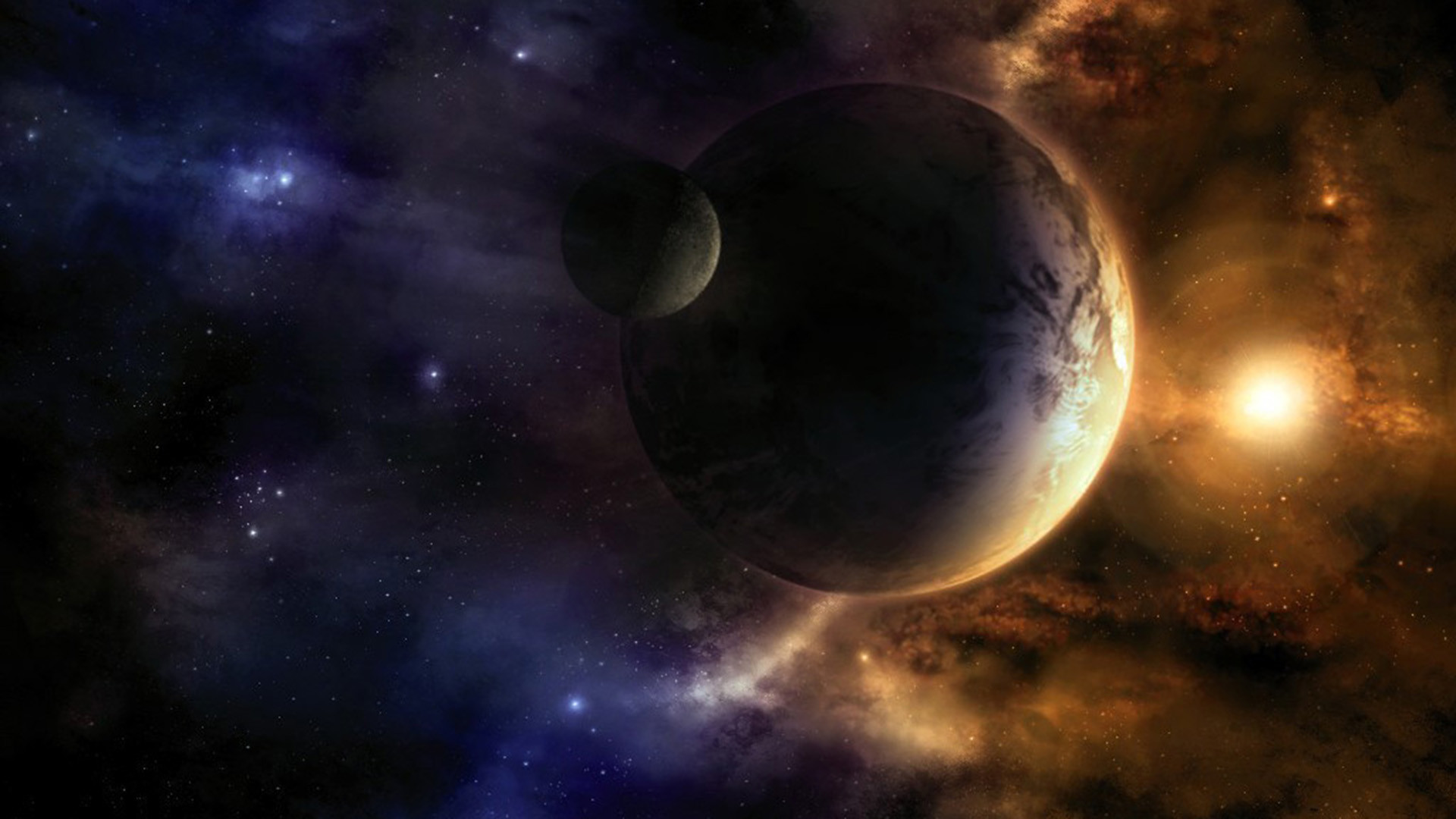 Pianeta, Luna, Sole, Nebulosa, Spazio, 1920x1080, wallpaper desktop