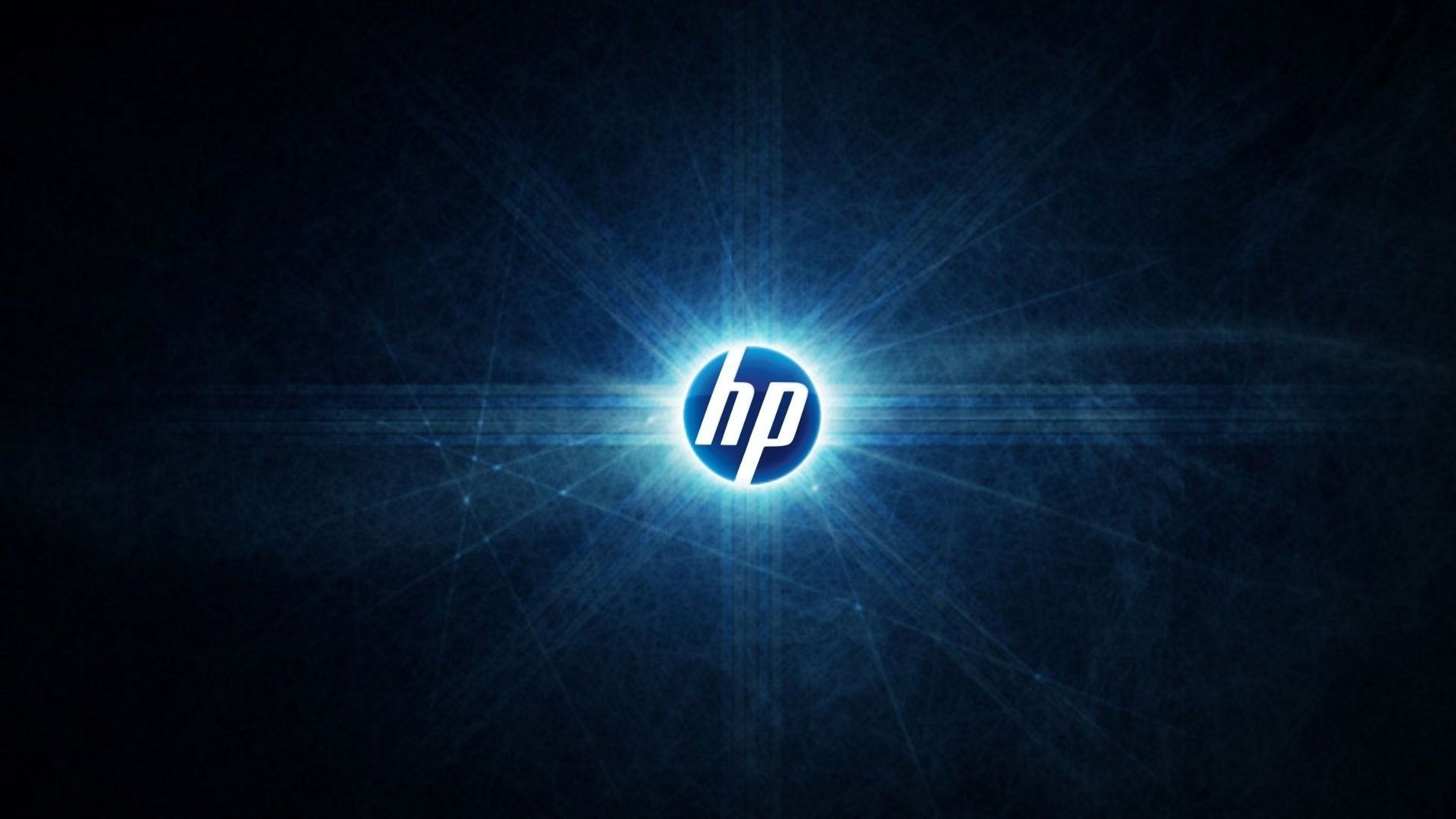 Logo HP, Bagliore blu, Raggi di luce, Sfondo scuro, Hewlett-Packard, 4K Ultra HD