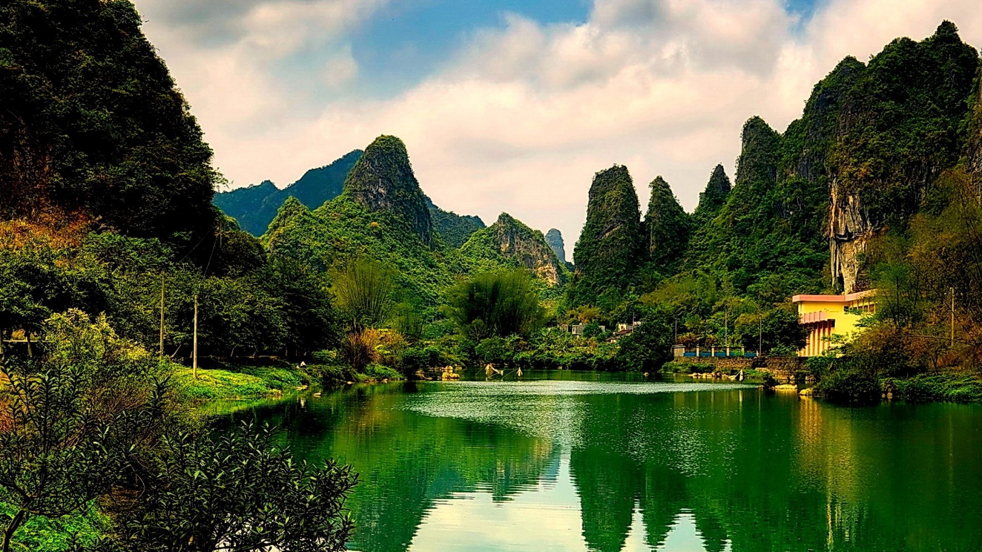 Guilin, Cina, Montagne carsiche, Fiume, Riflesso, 16:9 Full HD, sfondo widescreen