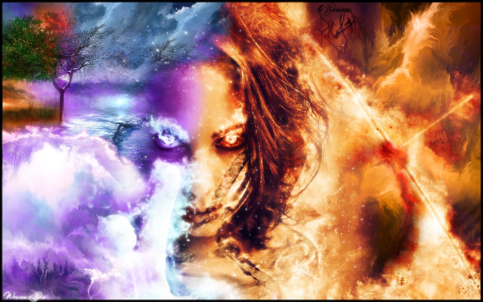 Fuoco e ghiaccio, Volto di donna, Arte digitale, Viola, Arancione, sfondo MacBook Air