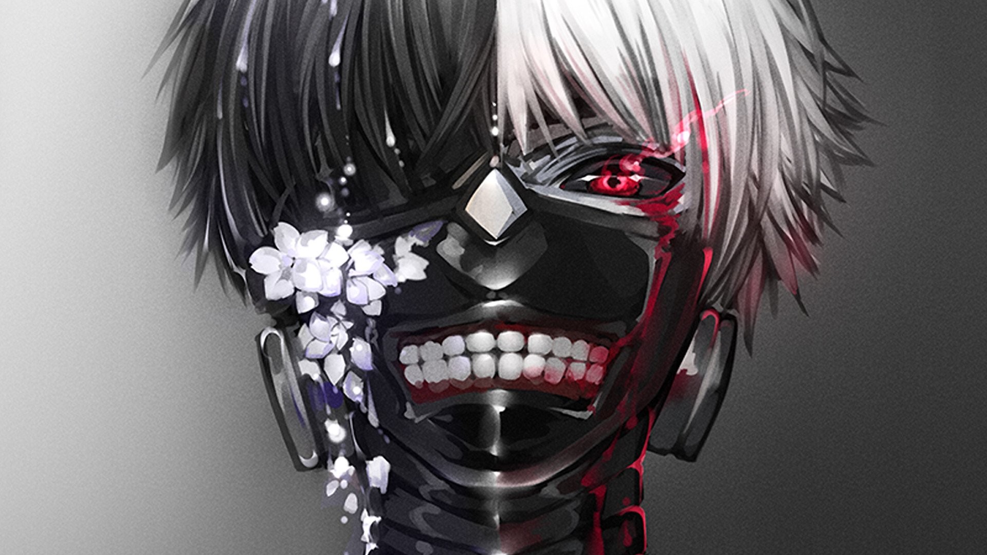 Ken Kaneki, Tokyo Ghoul, Maschera, Fiori bianchi, Primo piano, Full HD 1080p, sfondo desktop