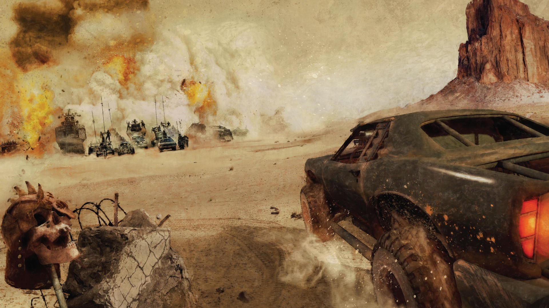 Mad Max, Inseguimento, Esplosioni, Deserto, Muscle car, 1920x1080, wallpaper desktop