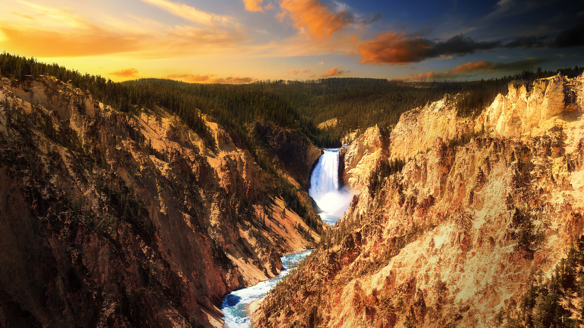 Grand Canyon of the Yellowstone, Lower Falls, Yellowstone, Cascata, Tramonto, sfondo desktop