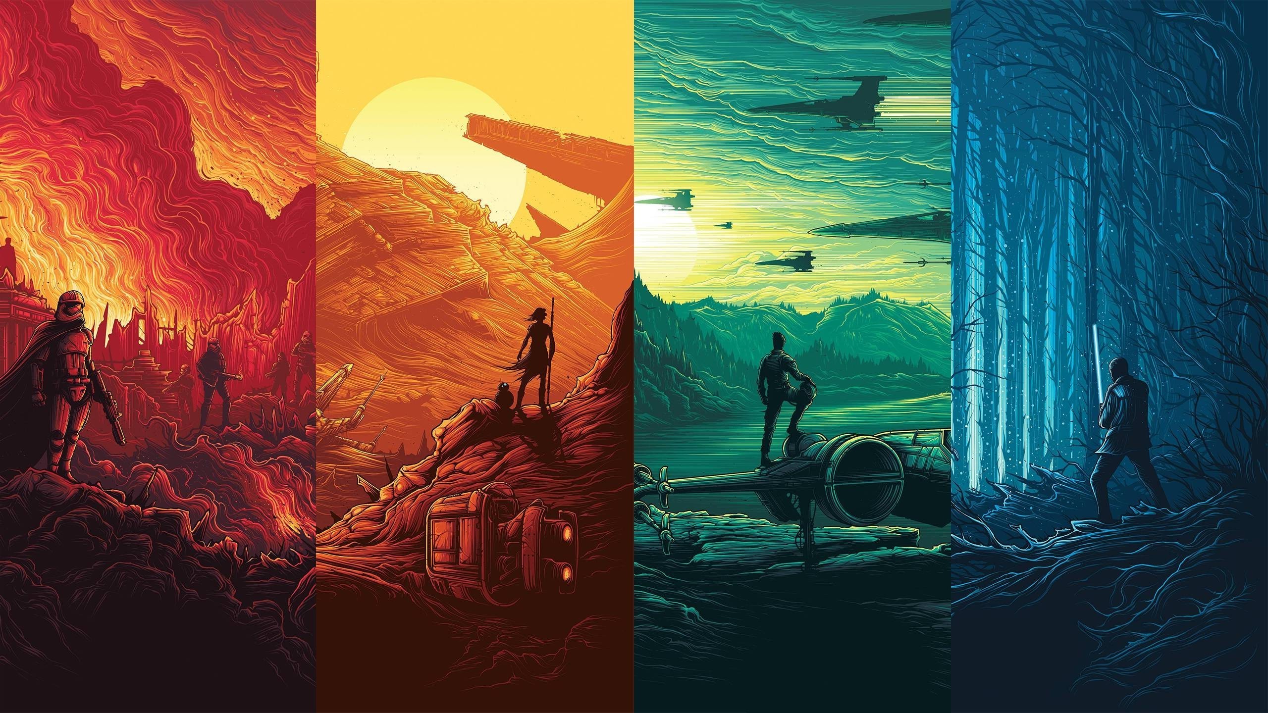 Kylo Ren, Rey, Finn, Star Wars: Il risveglio della Forza, Illustrazione, Trittico, sfondo 1440p