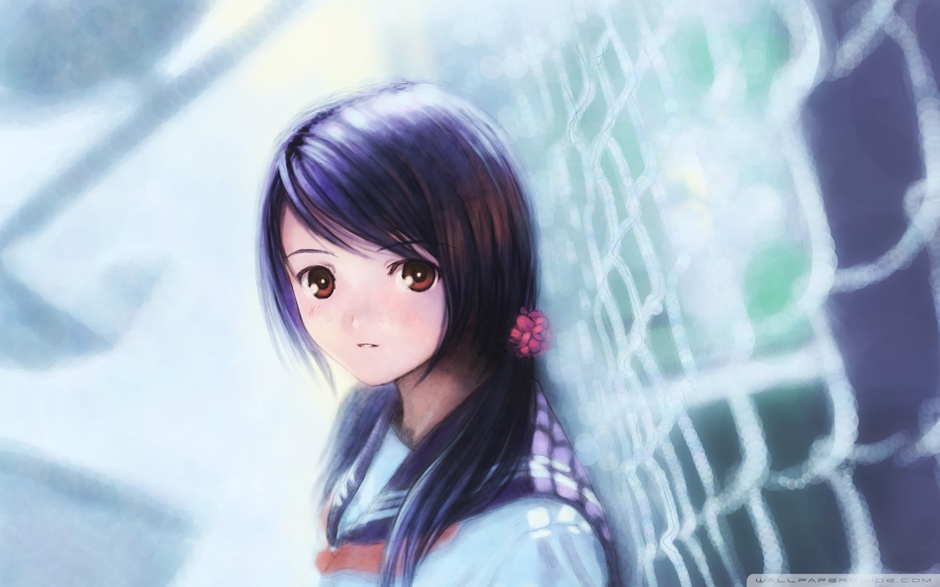 Ragazza anime, Uniforme scolastica, Recinzione, Inverno, 16:10 Full HD, wallpaper widescreen