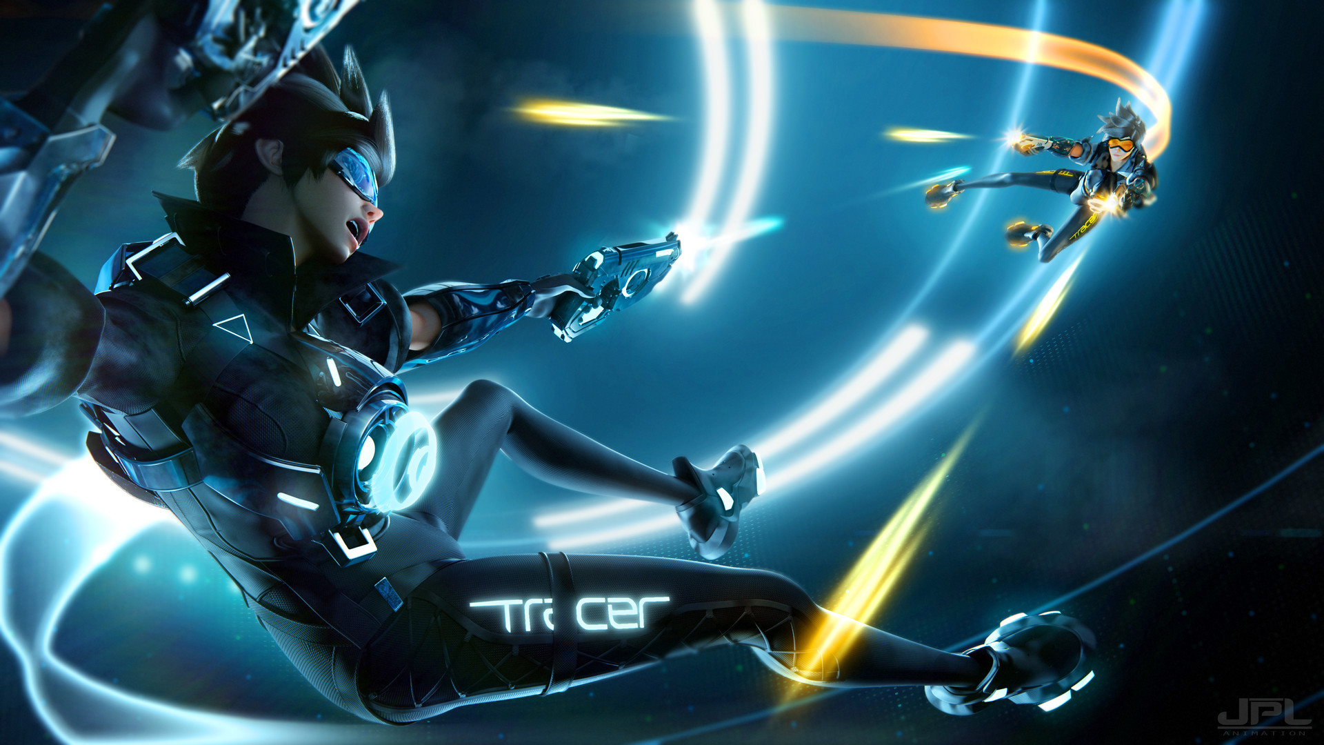 Tracer, Overwatch, Scie di luce, Blu, Full HD 1080p, sfondo desktop