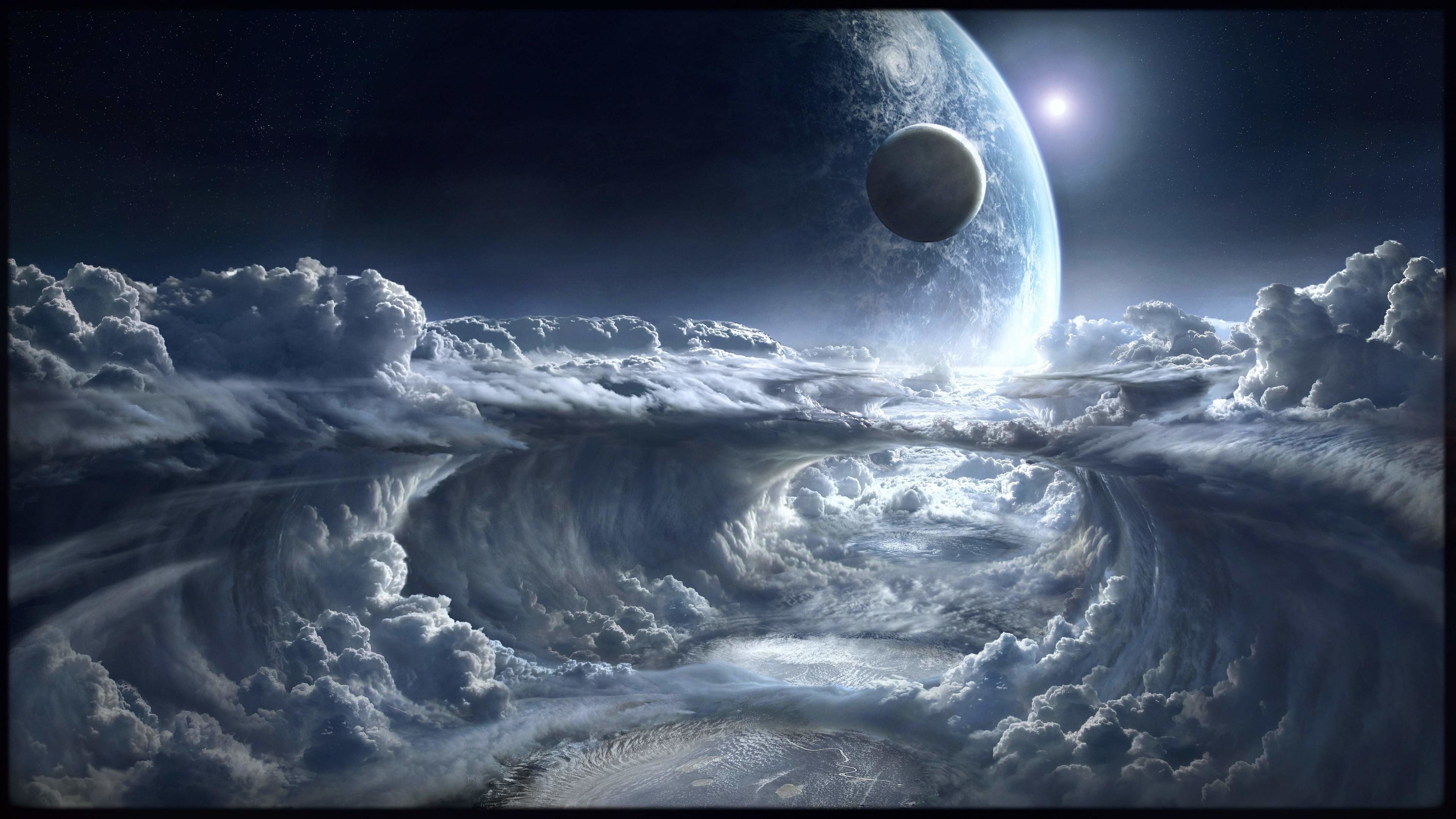 Pianeta, Nuvole, Luna, Bianco e nero, 4K, wallpaper per PC
