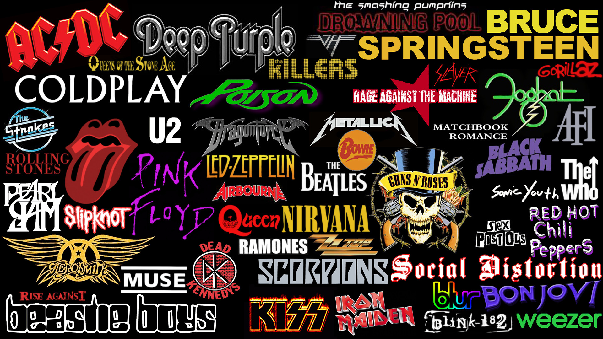 AC/DC, The Rolling Stones, Guns N' Roses, Nirvana, Loghi band, Full HD, sfondo per PC e portatile