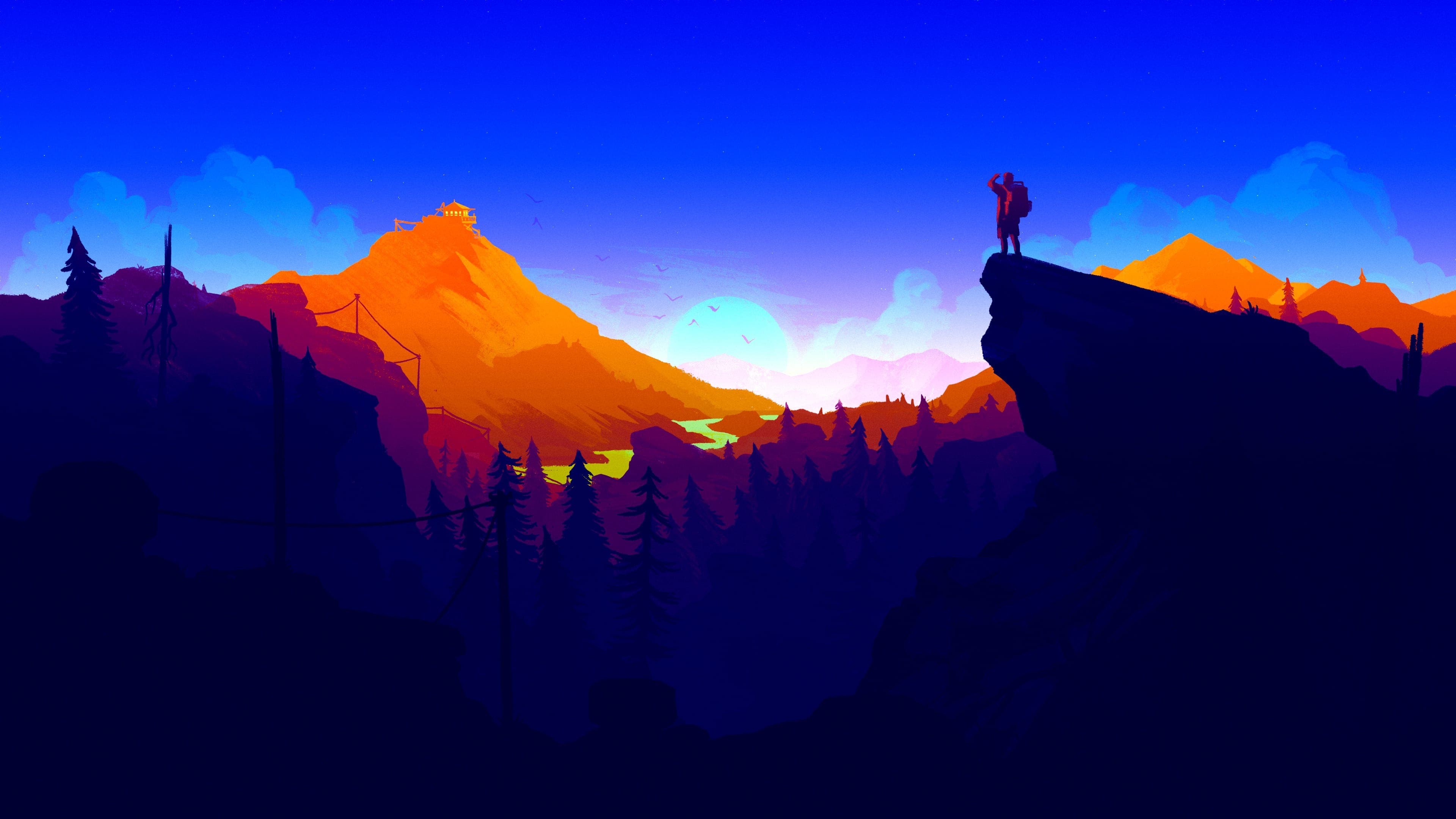 Firewatch, Escursionista, Scogliera, Montagne, Blu, 3840x2160, sfondo per PC