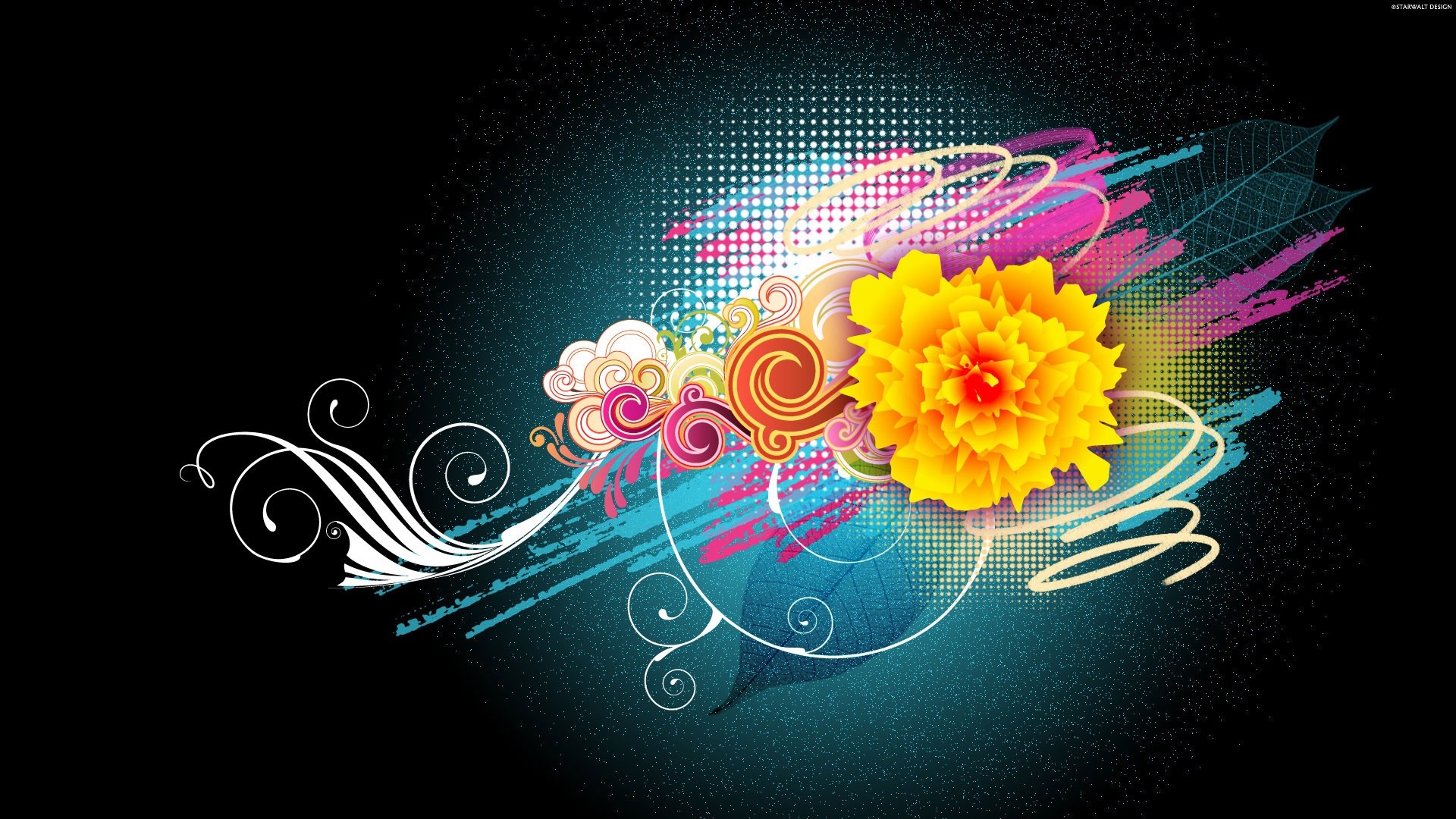 Fiore, Spirali, Colori vivaci, Sfondo nero, 16:9 Full HD, wallpaper widescreen