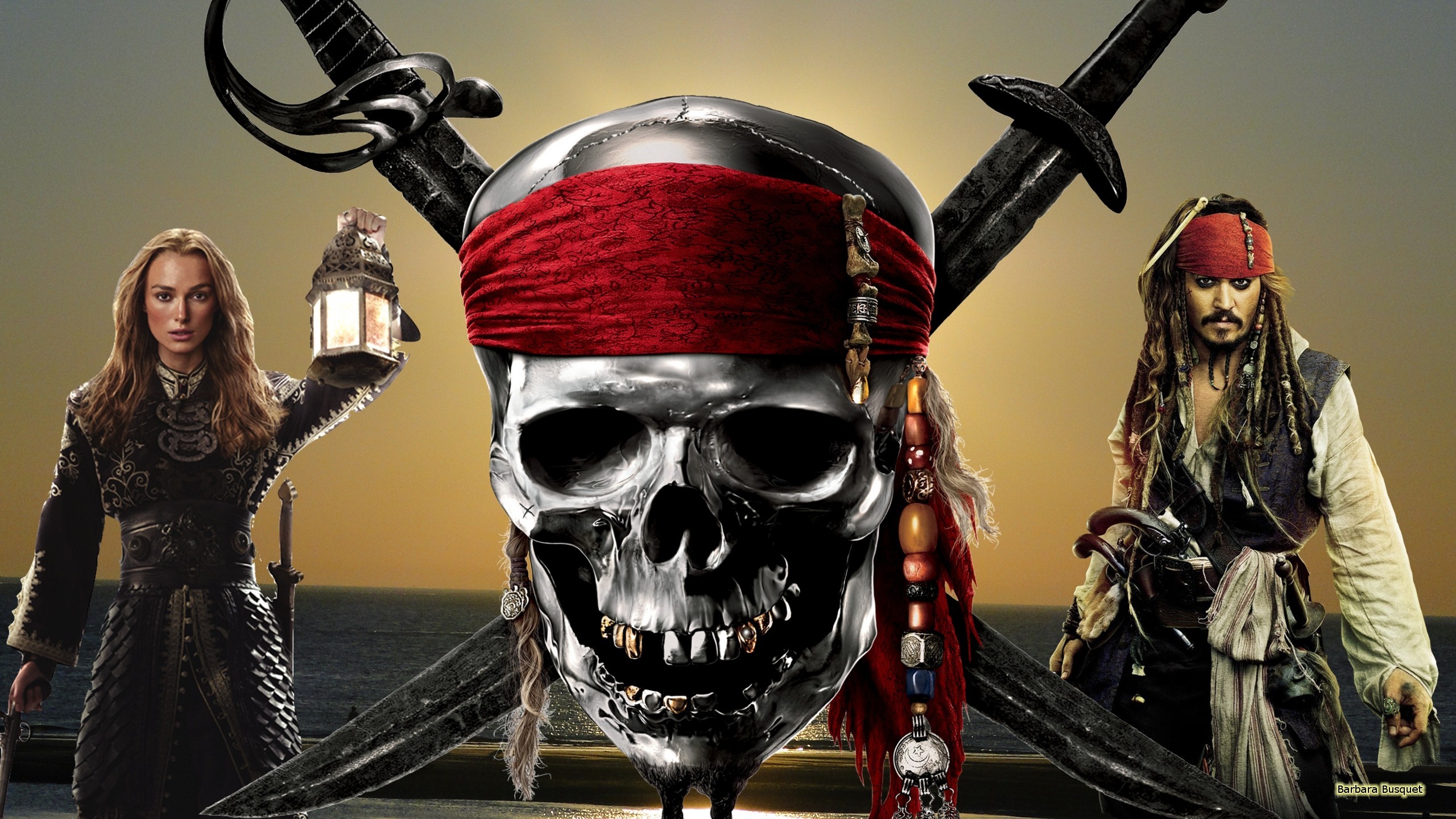 Jack Sparrow, Elizabeth Swann, Teschio, Spade incrociate, Pirati dei Caraibi, sfondo 2K