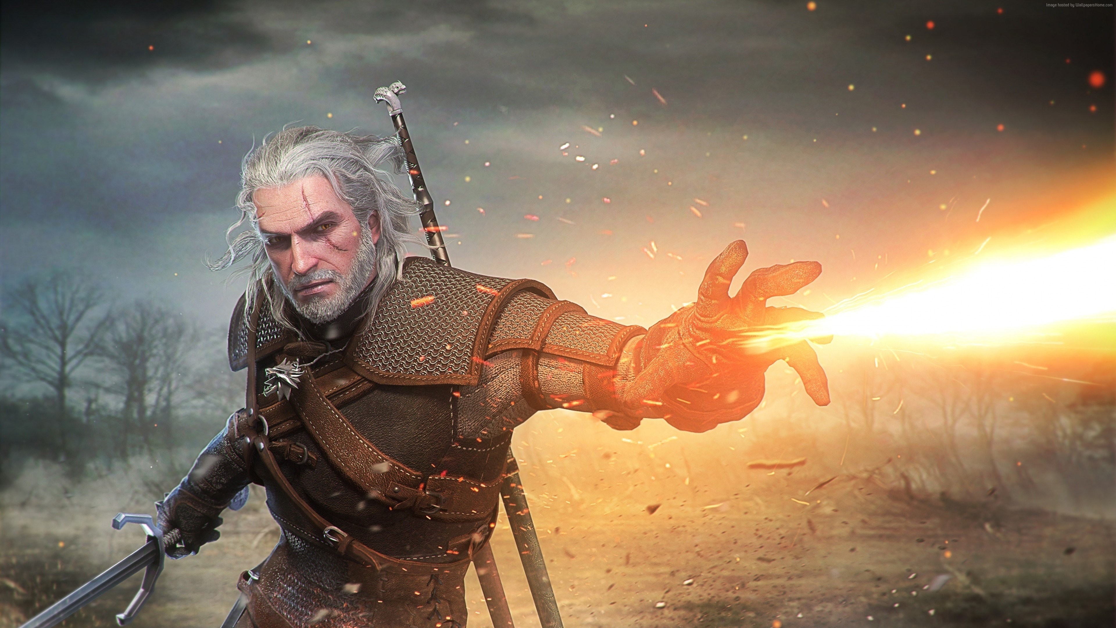 Geralt di Rivia, The Witcher 3: Wild Hunt, Segno Igni, Fuoco, 4K 2160p, sfondo desktop