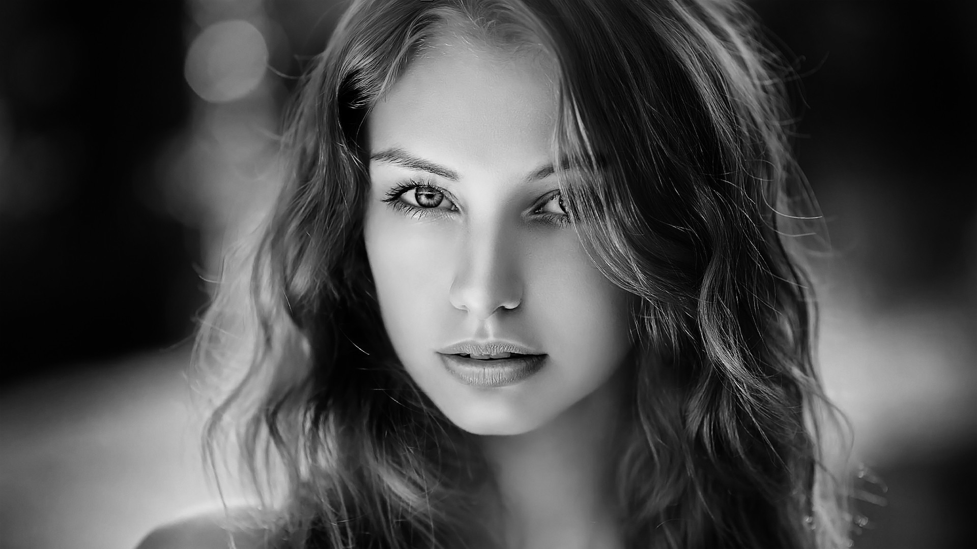 Ragazza, Bianco e nero, Ritratto, Sguardo, 1920x1080, sfondo per PC