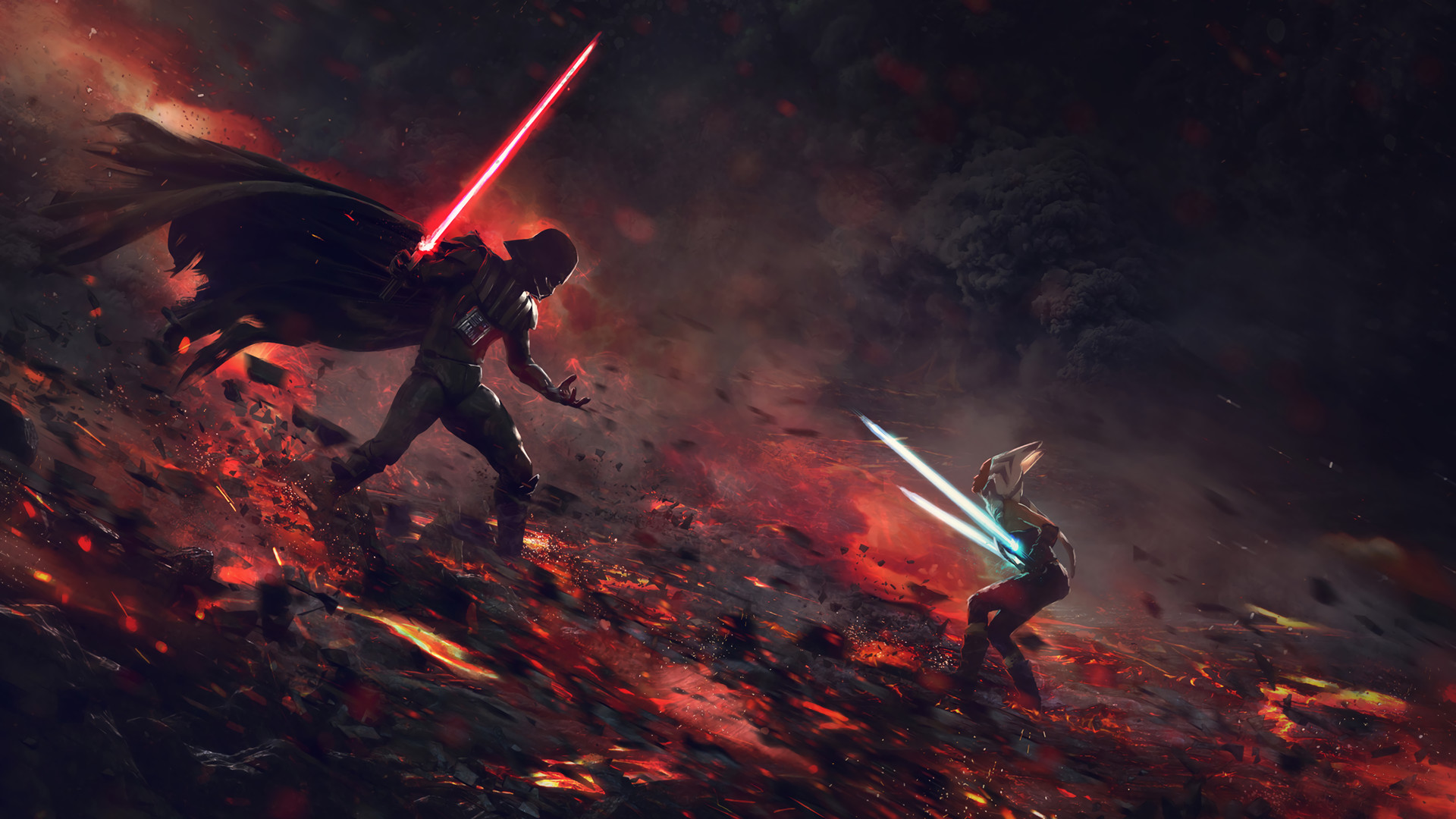 Darth Vader, Ahsoka Tano, Duello, Spade laser, 1920x1080, immagine di sfondo