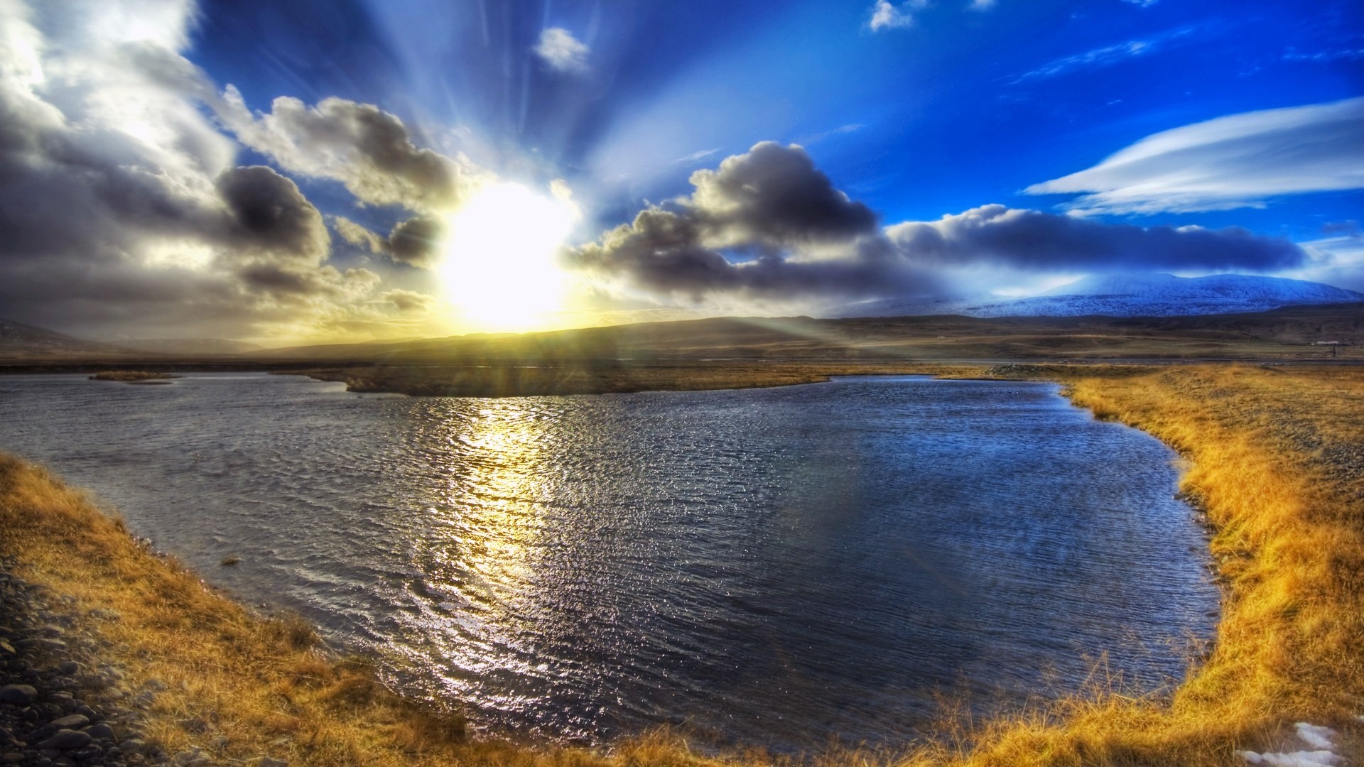 Lago, Sole, Raggi di sole, Erba secca, HDR, Full HD, sfondo per PC
