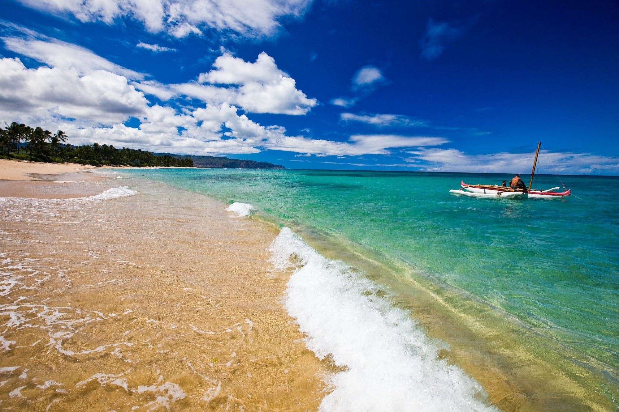 Hawaii, Spiaggia tropicale, Canoa a bilanciere, Onde, Acqua turchese, wallpaper per portatile