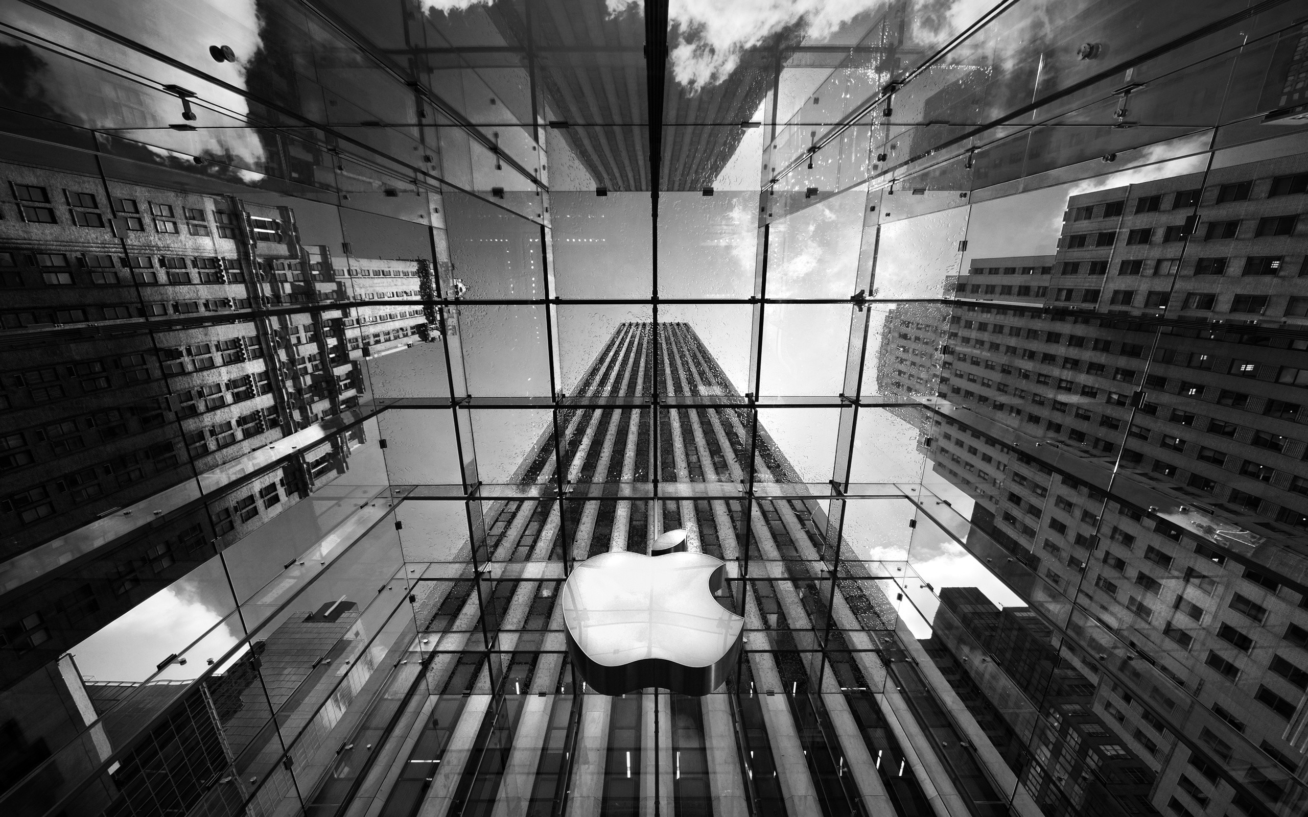 Apple Store Fifth Avenue, New York, Cubo di vetro, Vista dal basso, Bianco e nero, sfondo 1600p