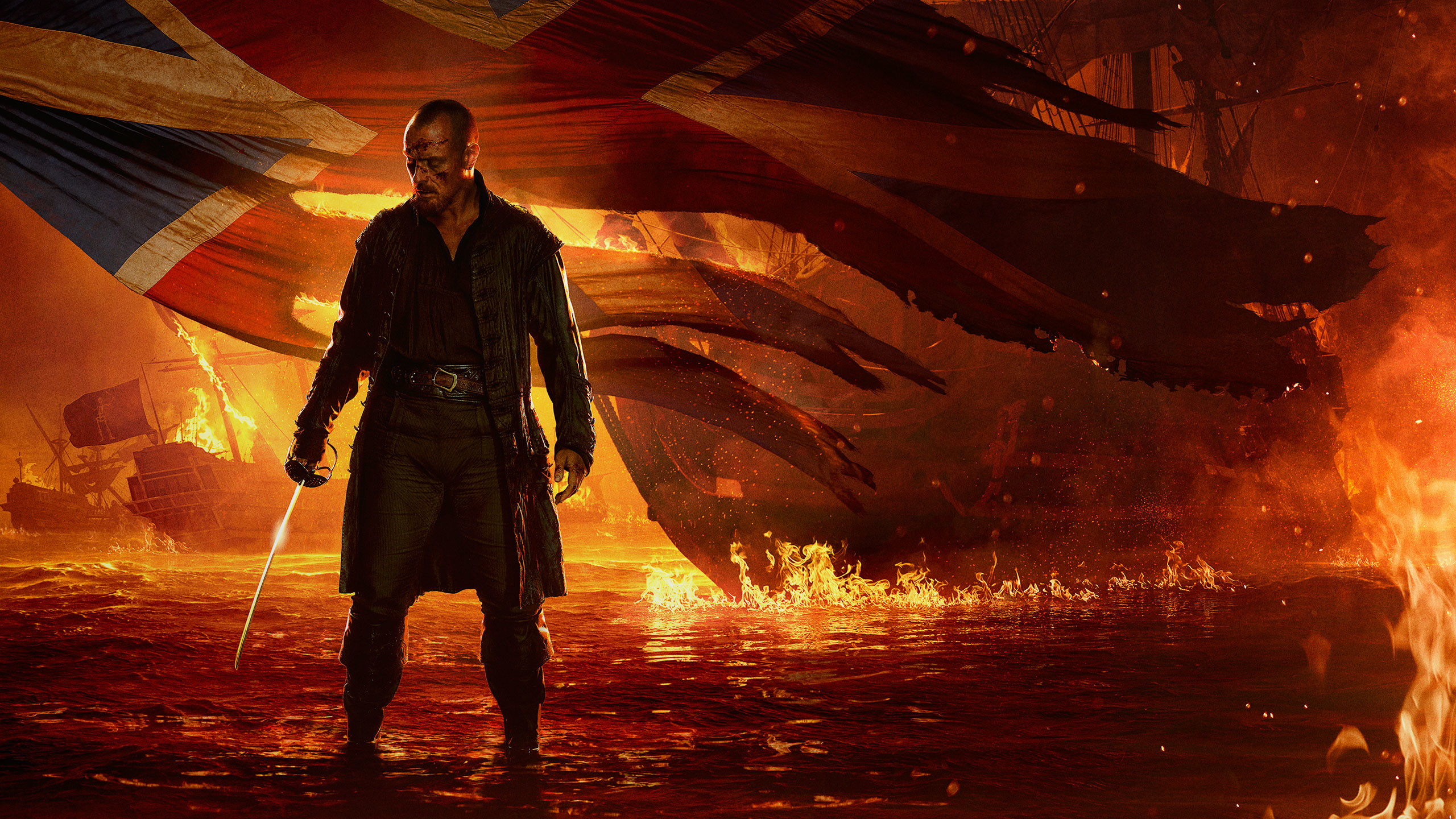 Capitano Flint, Toby Stephens, Black Sails, Fiamme, Union Jack, 2K, sfondo per portatile