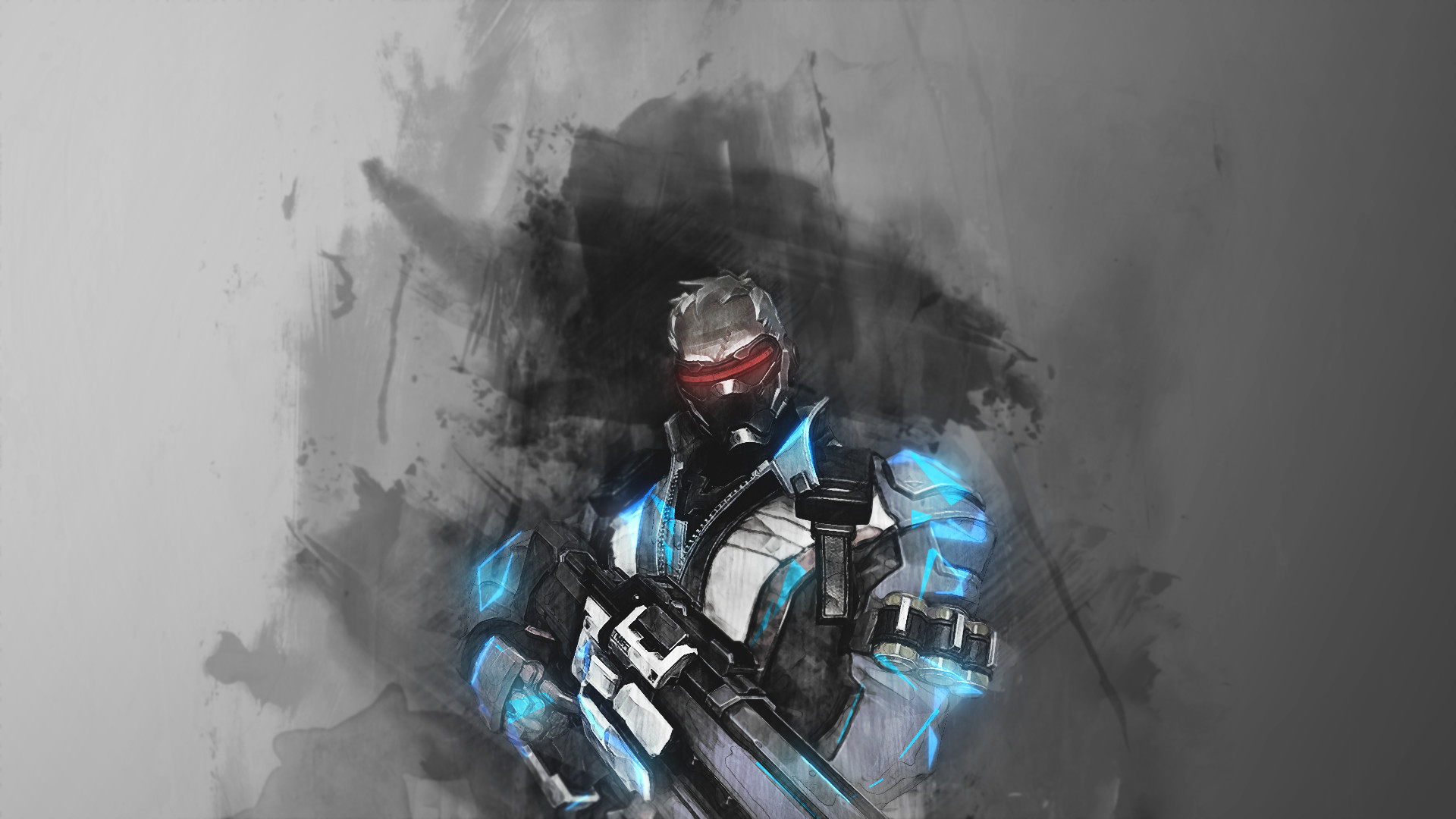 Overwatch, Soldier: 76, Acquerello, Toni grigi, Full HD, sfondo per PC e portatile