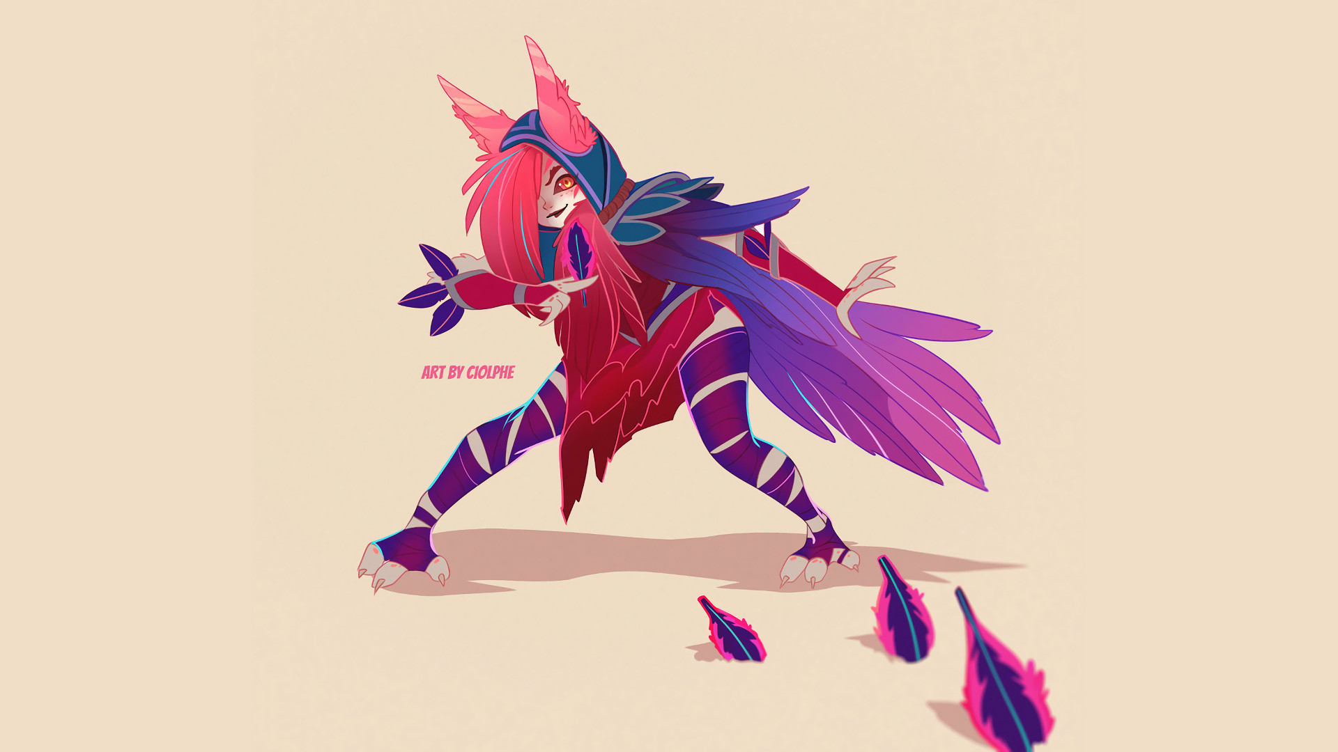 Xayah, League of Legends, Fan art, Sfondo beige, Full HD, wallpaper desktop