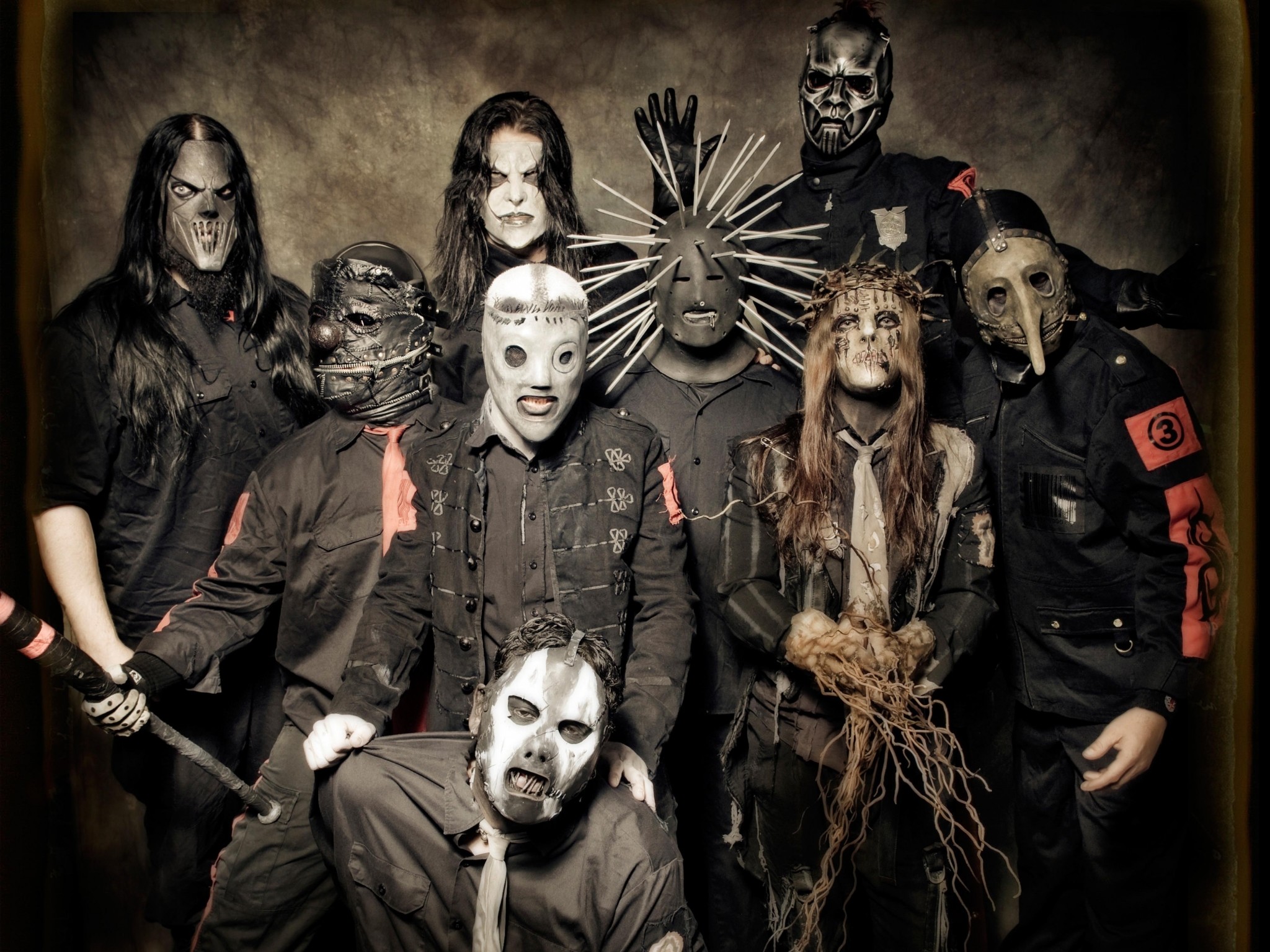 Slipknot, Foto di gruppo, Maschere, Toni seppia, Full HD, schermata di blocco iPad