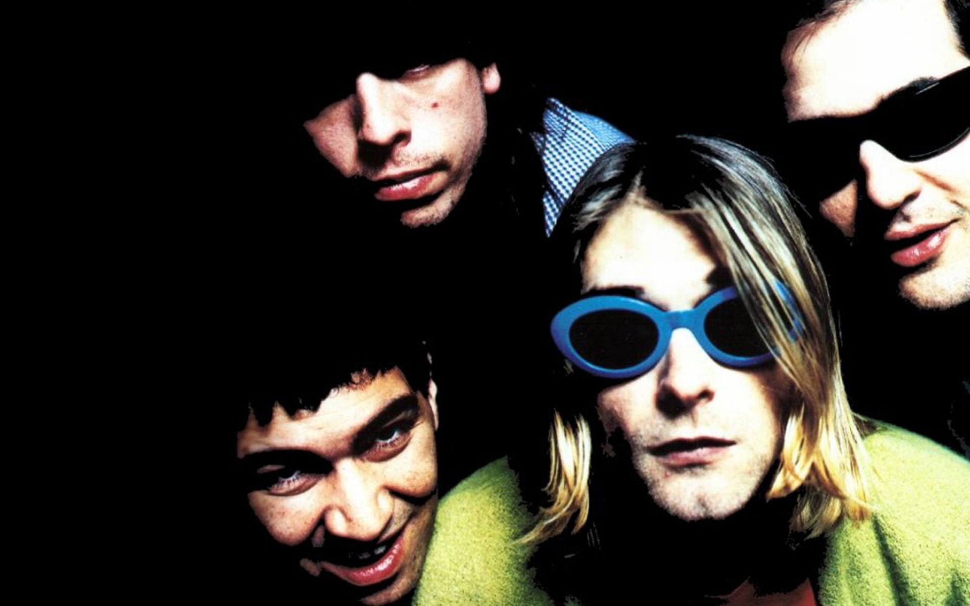 Nirvana, Kurt Cobain, Dave Grohl, Krist Novoselic, Occhiali bianchi, wallpaper desktop Full HD