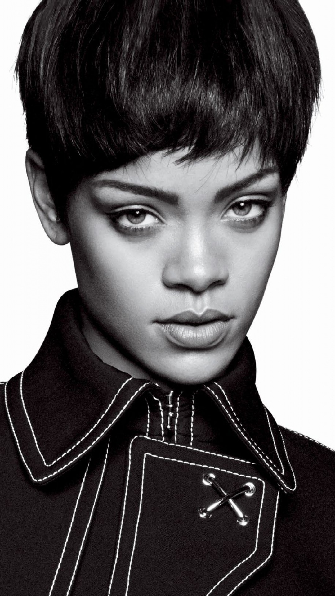 Rihanna, Capelli corti, Bianco e nero, Ritratto, sfondo per iPhone e Android