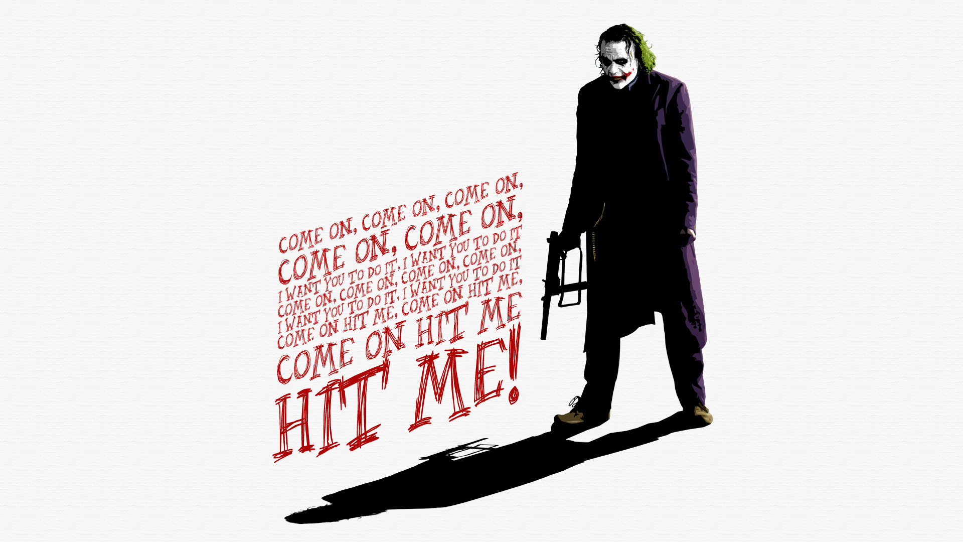 Joker, Heath Ledger, Il cavaliere oscuro, Come on, hit me!, Tipografia, Sfondo bianco, wallpaper Full HD