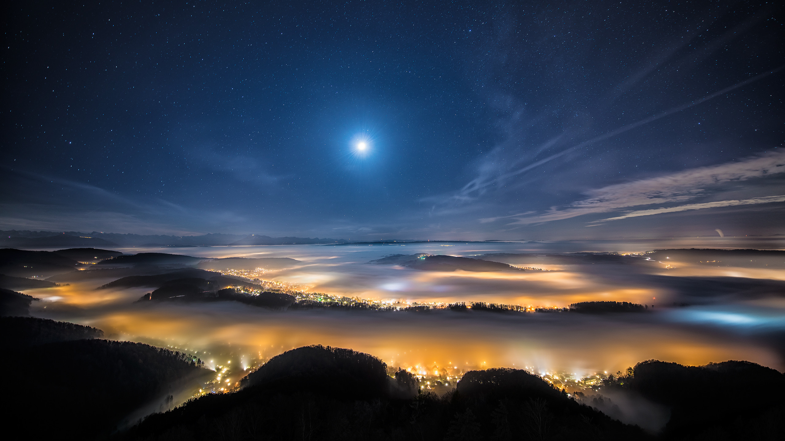 Cielo notturno, Nebbia, Luci della città, Luna, 2K, sfondo per PC