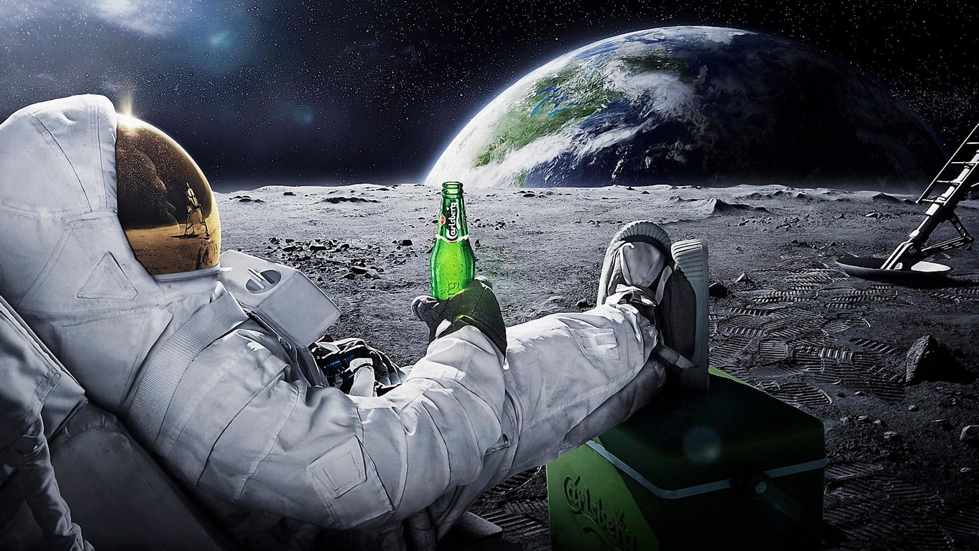 Astronauta, Luna, Terra, Birra, Umorismo, Full HD, sfondo per PC