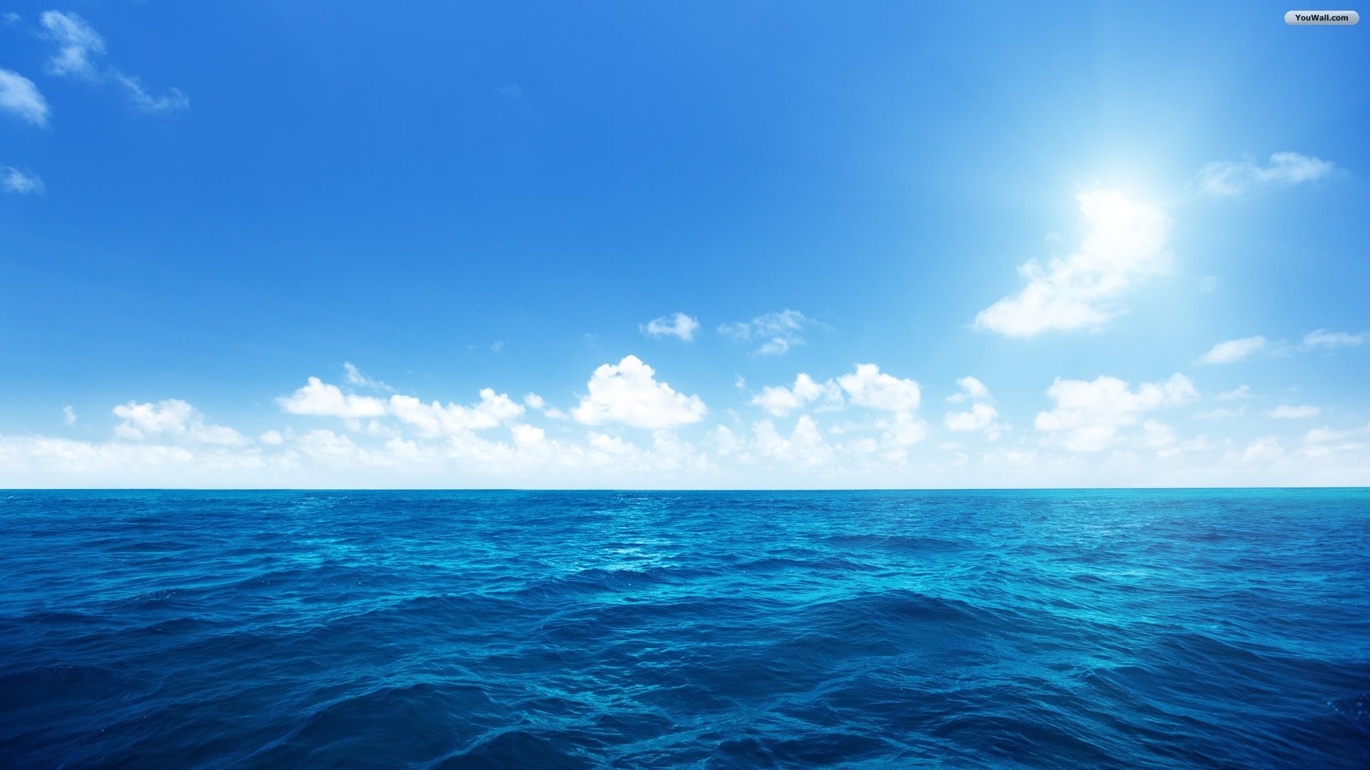 Mare aperto, Orizzonte, Cielo azzurro, Nuvole, Sole, Full HD, sfondo per PC e portatile