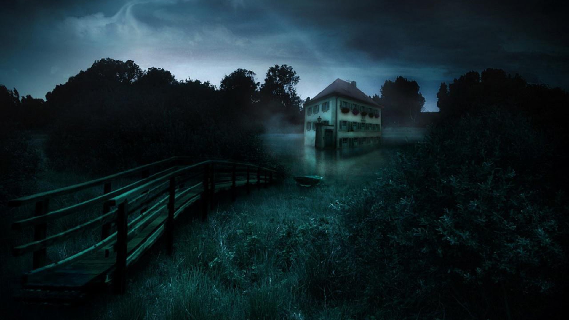 Casa abbandonata, Ponte di legno, Nebbia, Notte, Paesaggio cupo, sfondo 16:9 Full HD