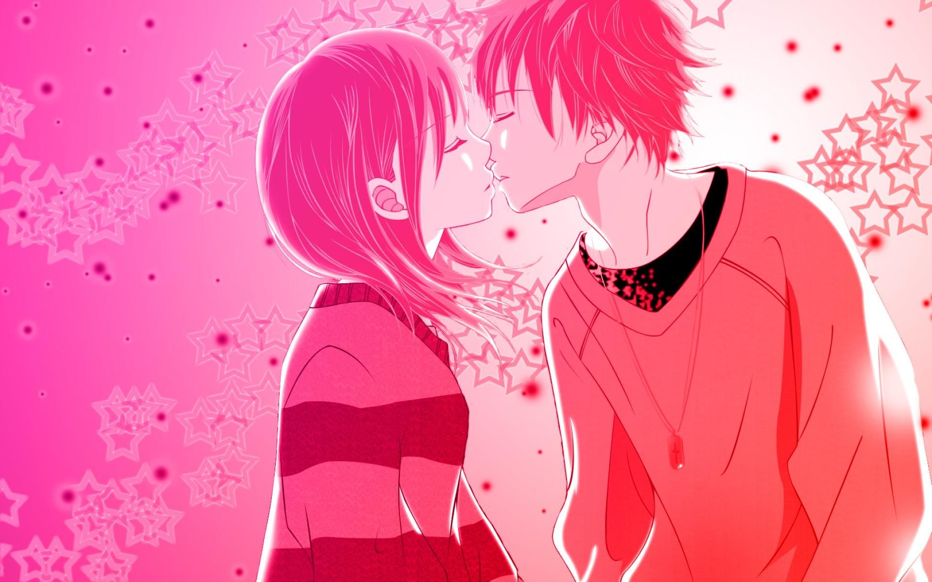 Bacio, Coppia anime, Rosa, Stelle, Full HD, sfondo desktop