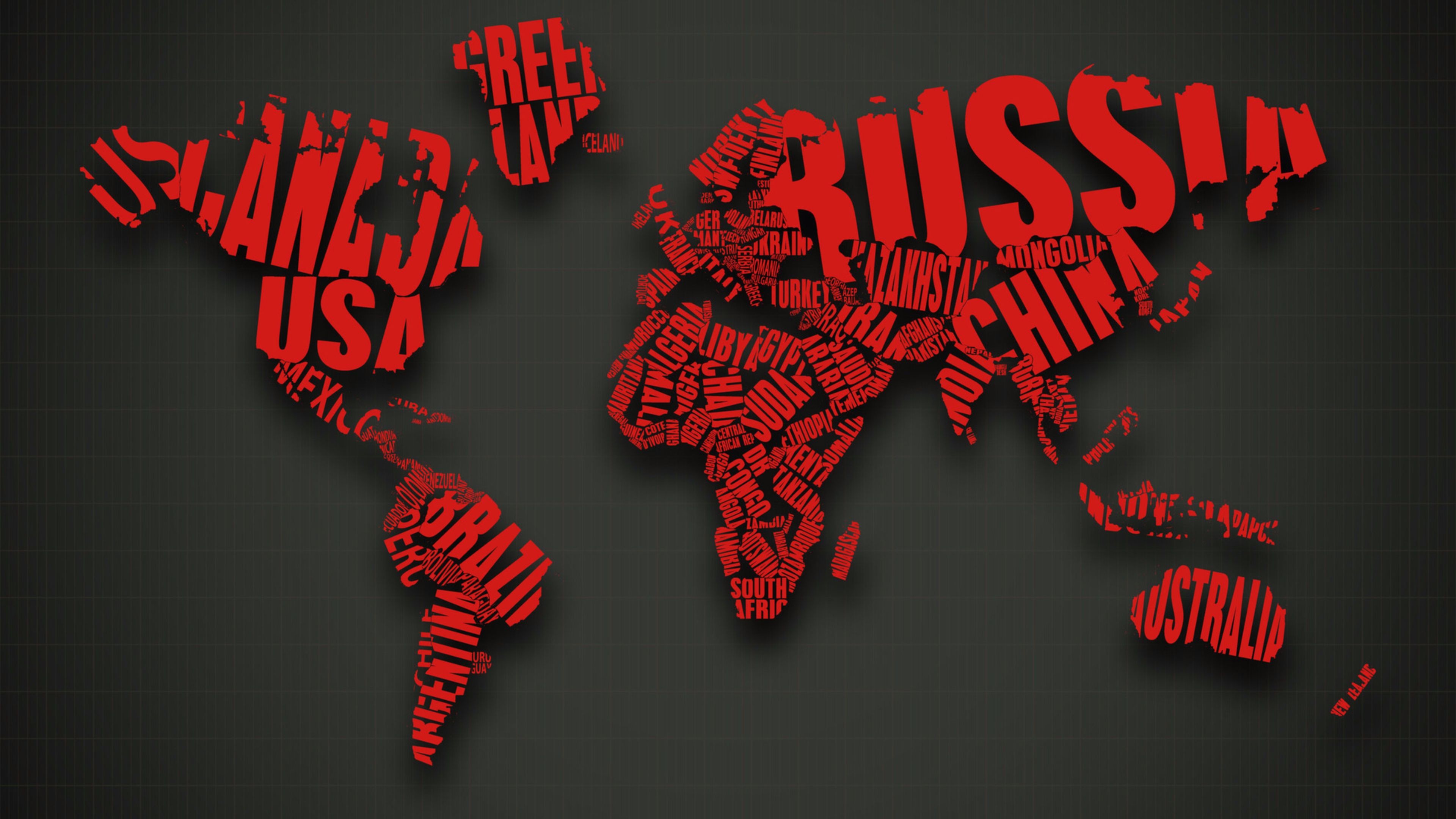 Mappa del mondo, Tipografia, Continenti, Rosso, Sfondo grigio, 4K, wallpaper per portatile