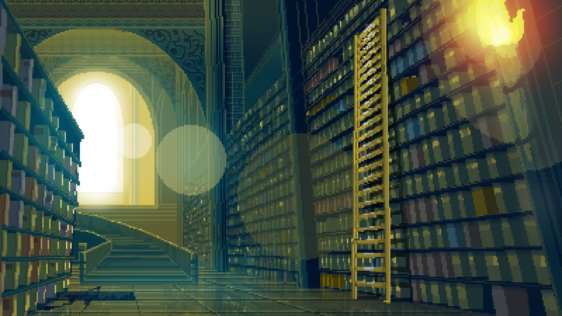 Pixel art, Biblioteca, Scaffali, Libri, Luce, Full HD, sfondo desktop