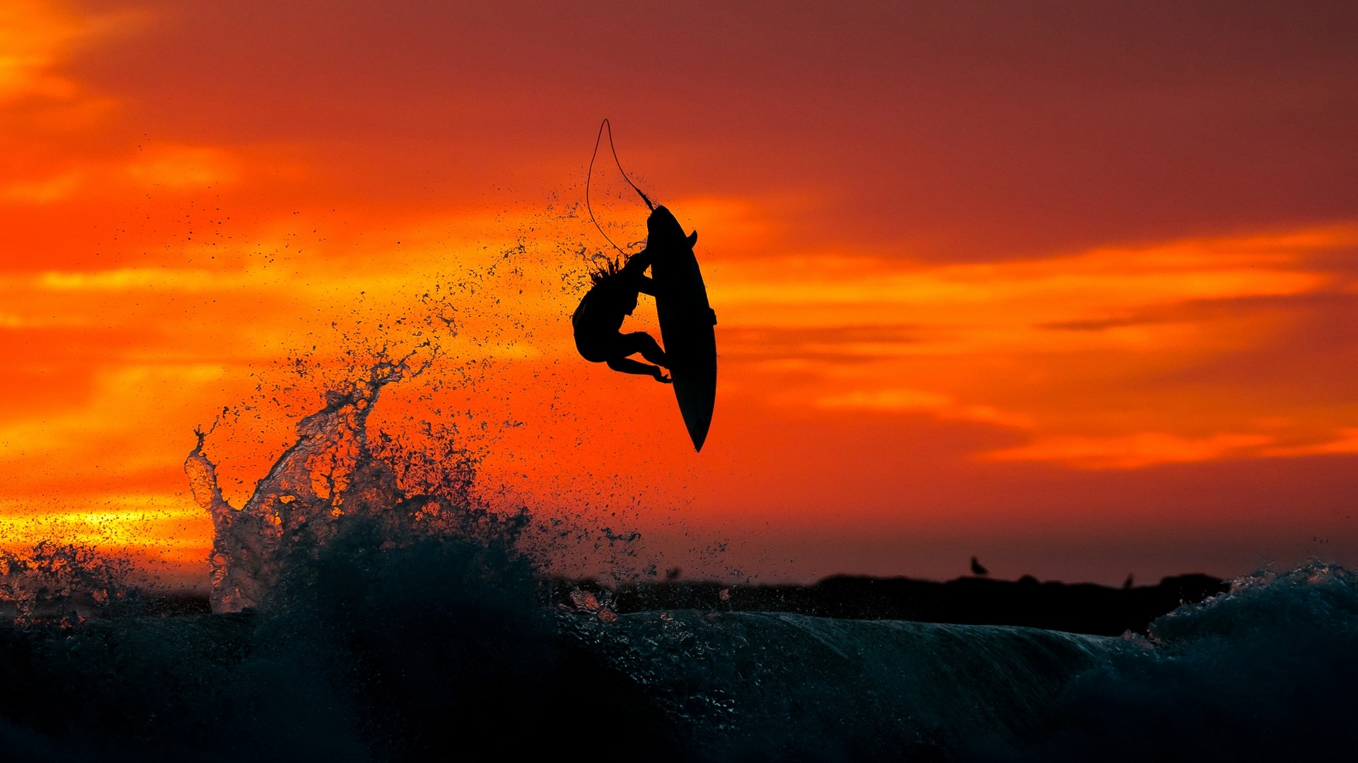 Surfista, Surf, Onda, Silhouette, Cielo rosso, Full HD, wallpaper desktop