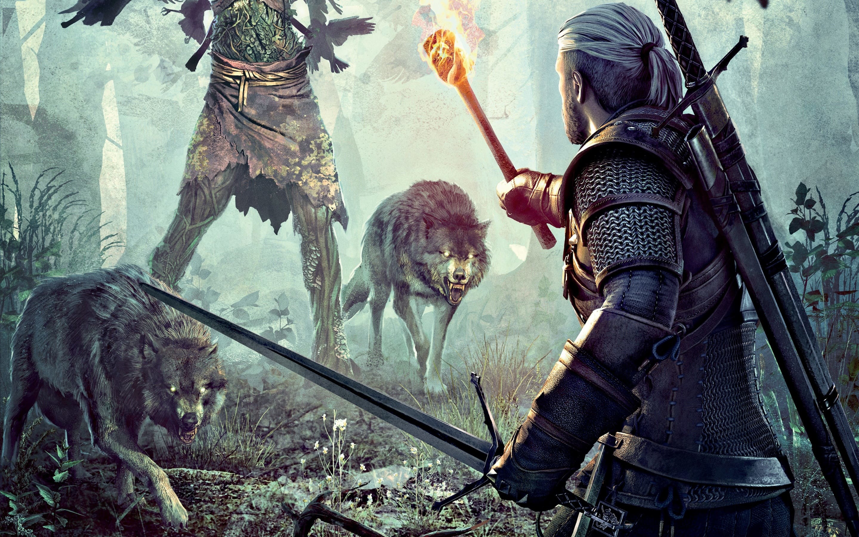 Geralt di Rivia, Leshen, Lupi, The Witcher 3: Wild Hunt, Foresta, wallpaper per portatile