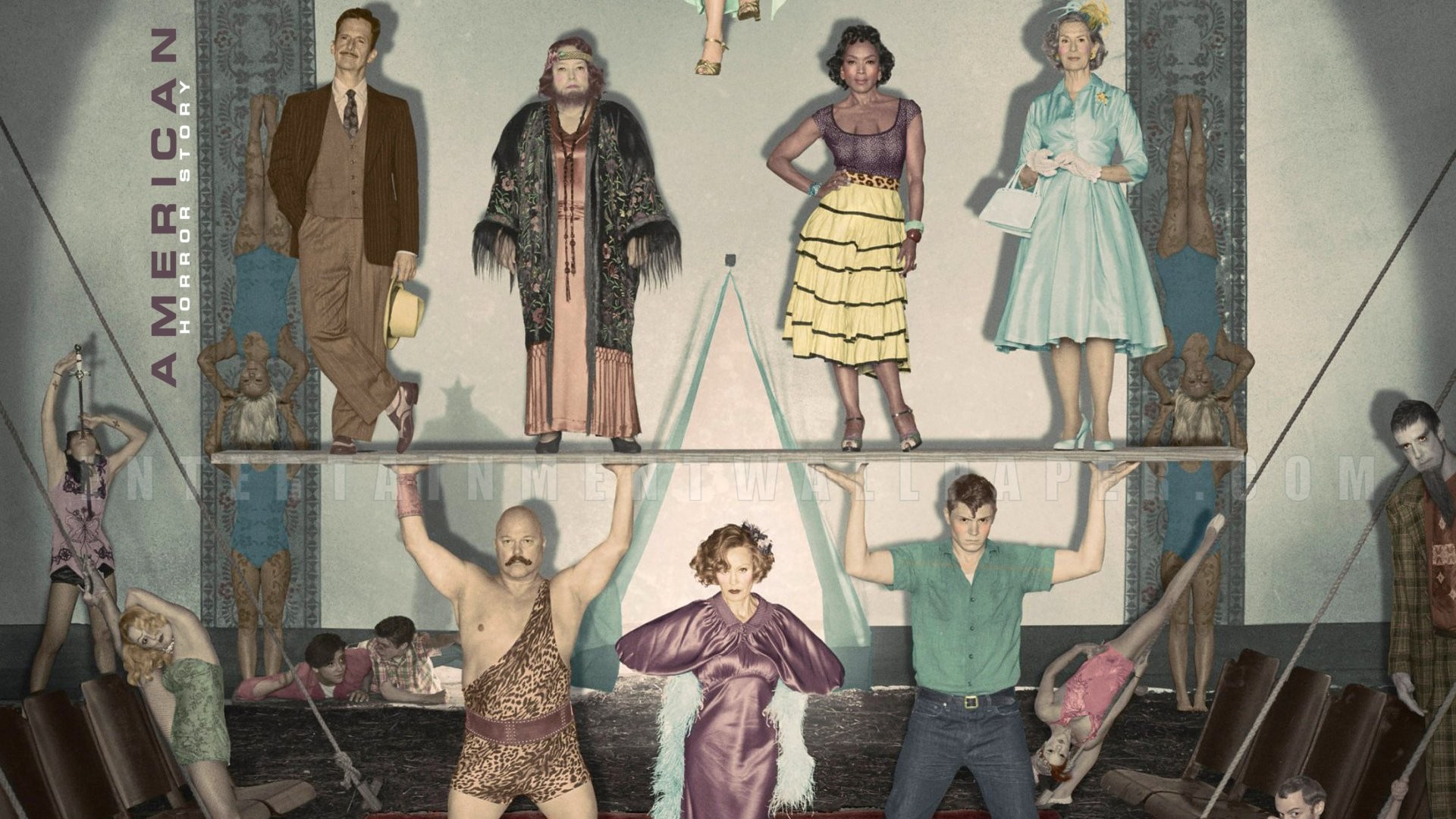 American Horror Story: Freak Show, Jessica Lange, Sarah Paulson, Evan Peters, Kathy Bates, Angela Bassett, Cast, Circo, immagine di sfondo