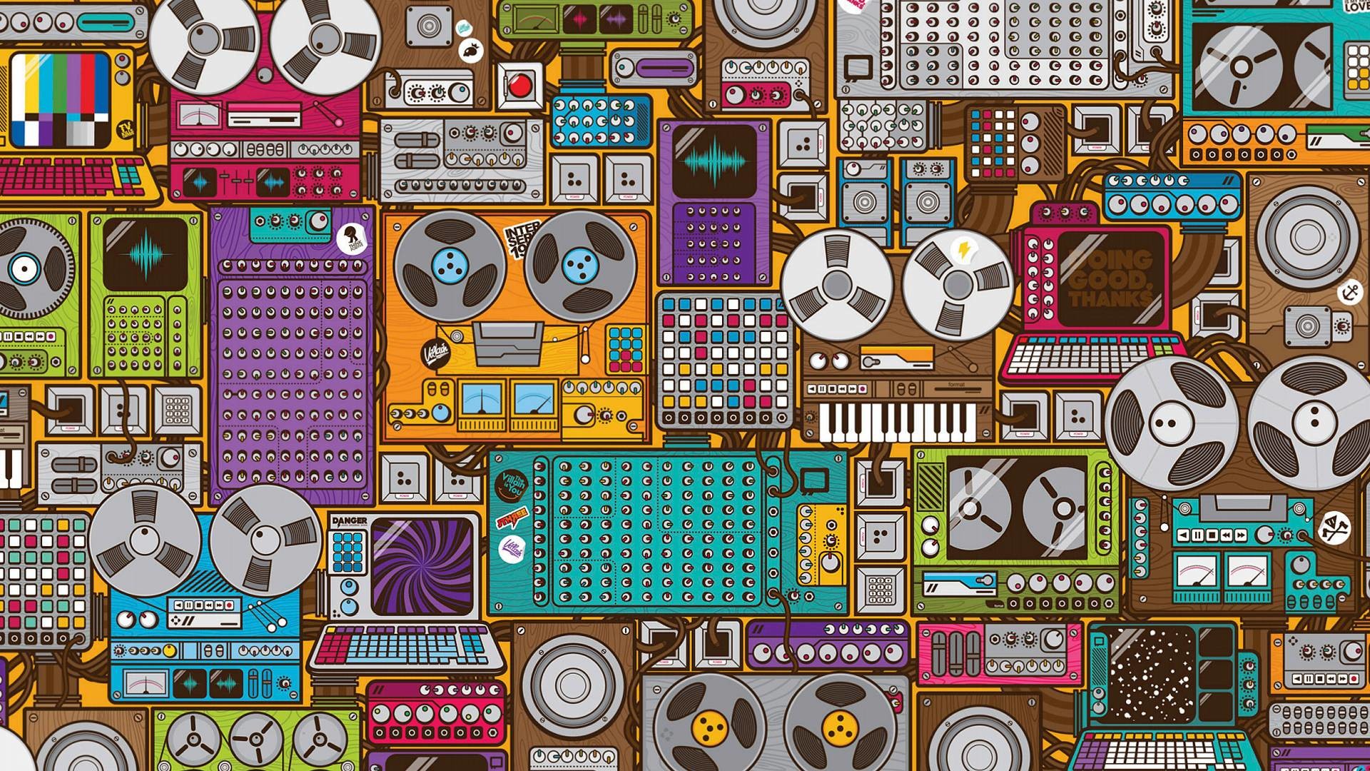 Apparecchiature audio, Registratori a bobina, Sintetizzatori, Illustrazione colorata, sfondo desktop